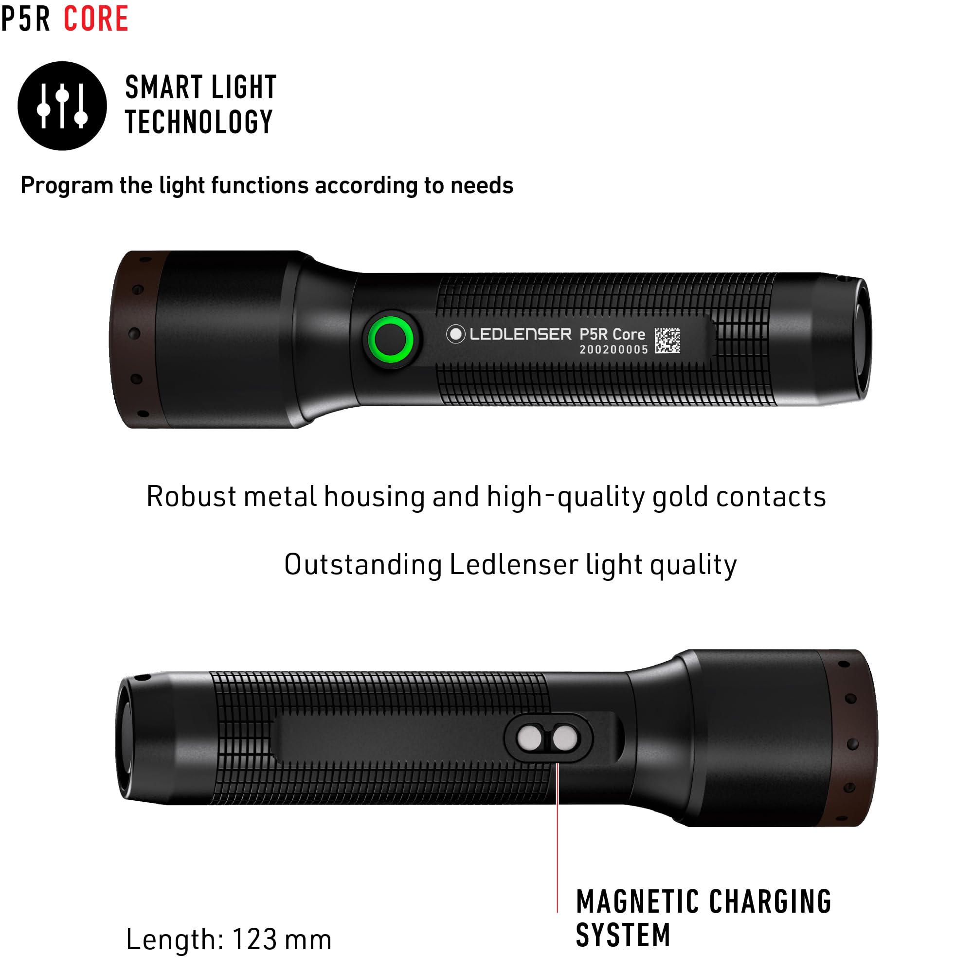 Ledlenser, P5R Core Rechargeable Flashlight, High Power LED, 500 Lumens, Waterproof Light for Home, Outdoor, Camping, and Emerge