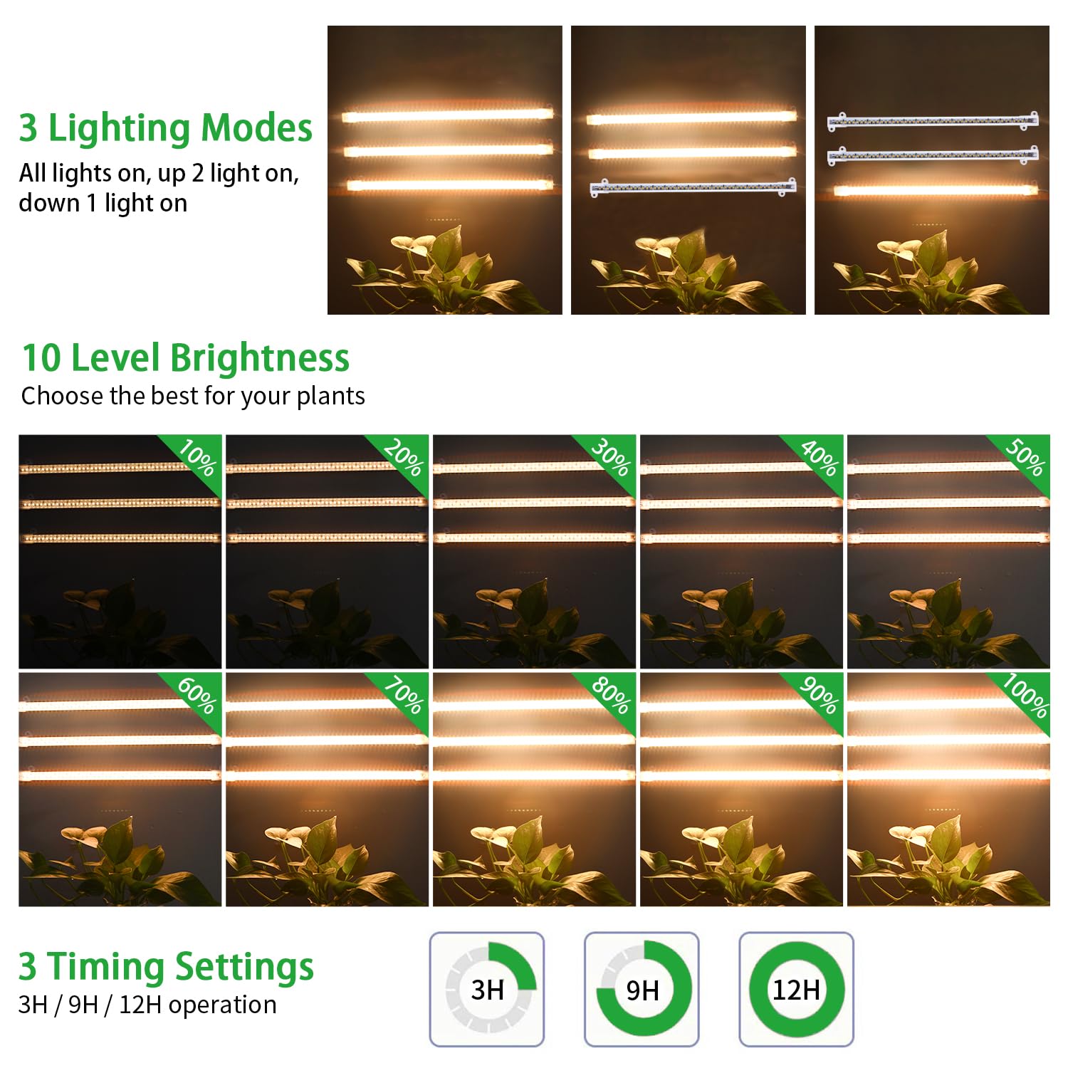 Rwntao Led Grow Light Strips, Full Spectrum Plant Growing Lights For Indoor Plants 3000K, 144 Leds Plant Lamp With 3/9/12H Timer, 10 Dimmable Levels, 3 Head 13 Inches