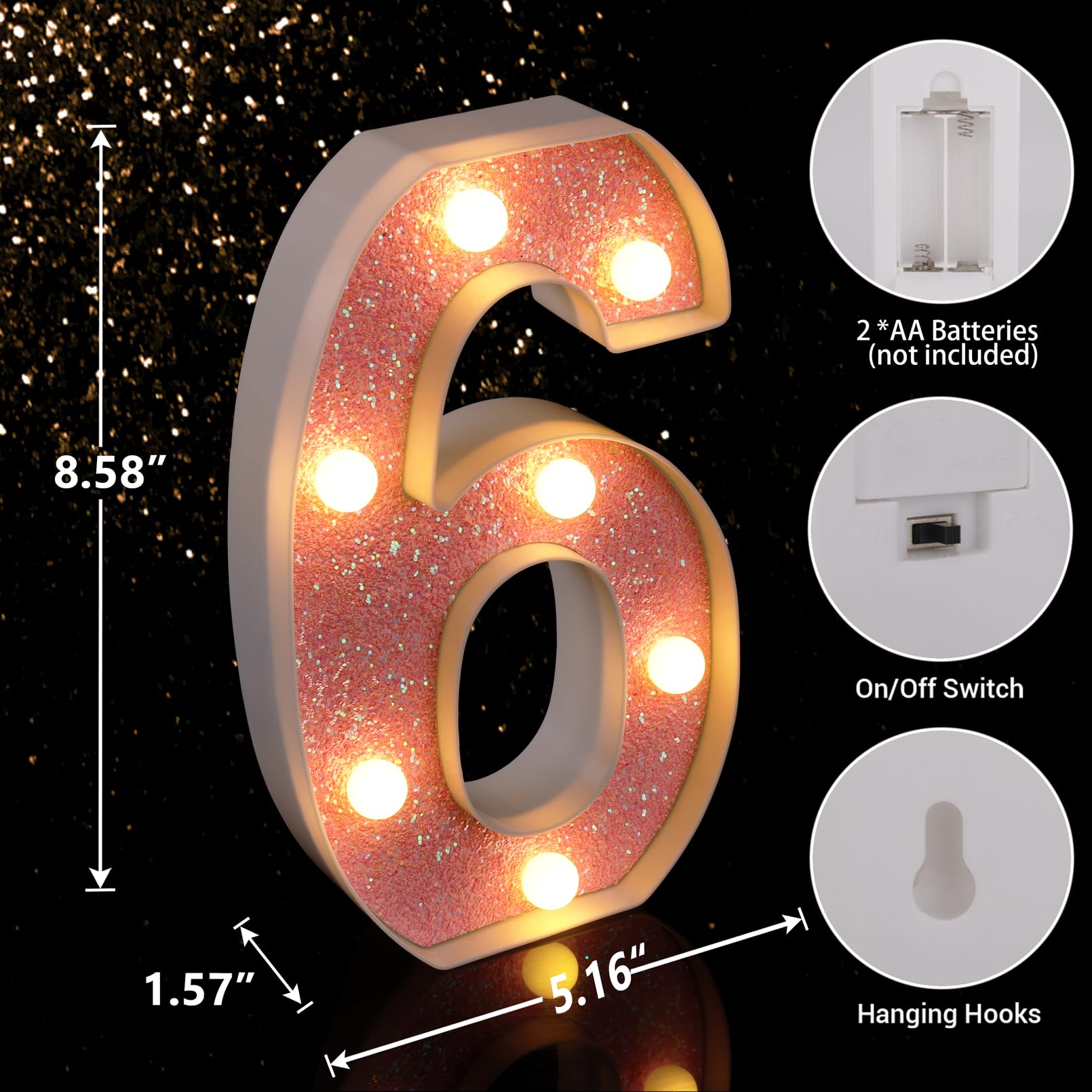 TRONSBOO LED Letter Light - Pink Glitter Marquee Sign, Battery Powered, Model 6, for Home Party Decoration