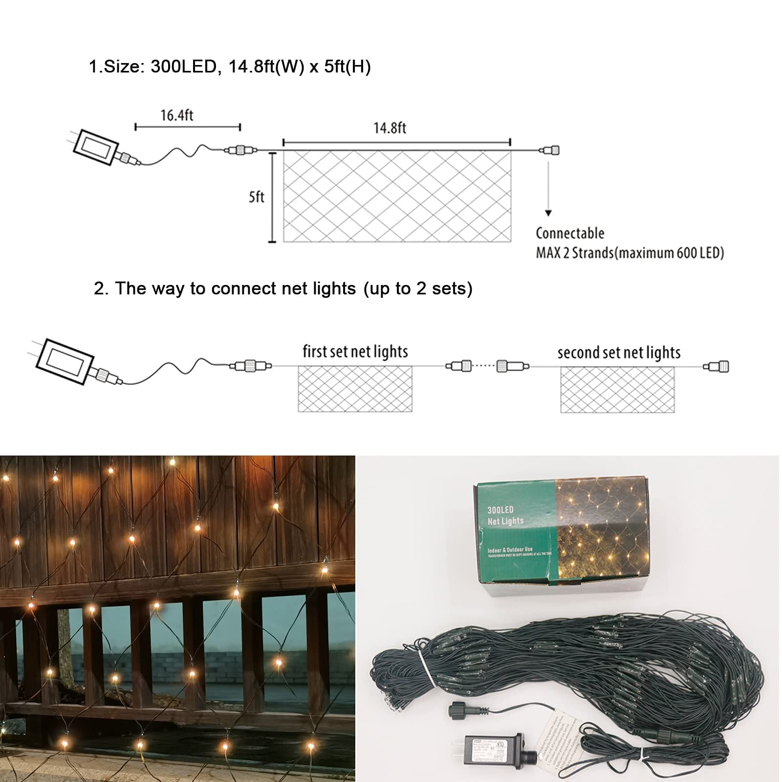 300Led Net Lights, 14.8Ft X 5Ft 8 Modes Connectable Christmas Outdoor String Mesh Lights, Waterproof Decorative Fairy Lights Plu