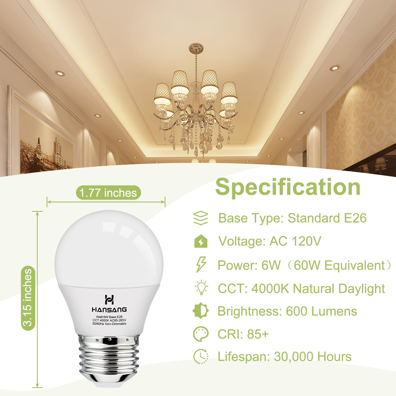 Hansang E26 Ceiling Fan Light Bulbs, 4000K Natural Daylight, 60 Watts Equivalent, A15 Led Small Light Bulb, E26 Standard Base Re