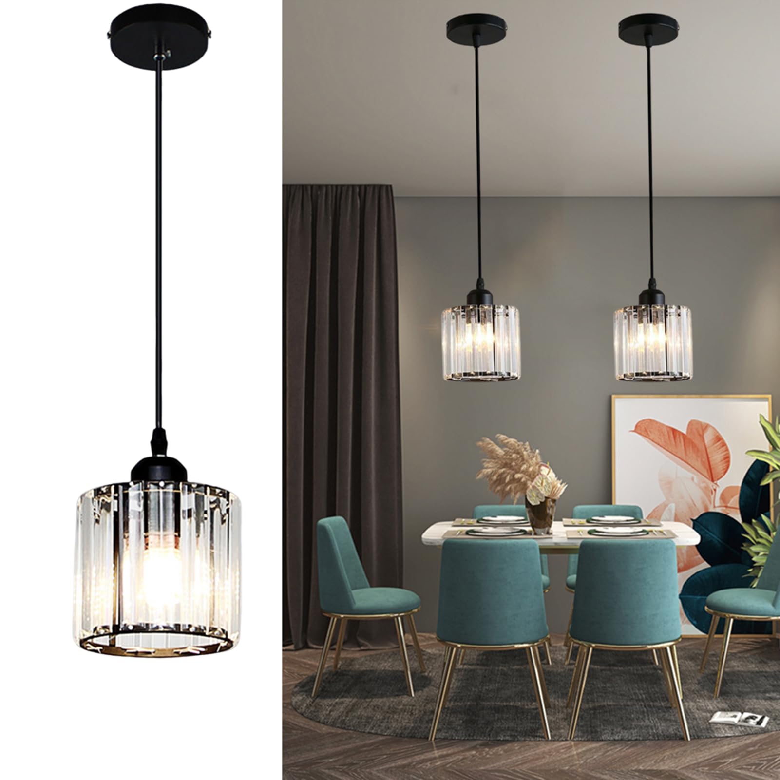 Meimond Crystal Pendant Lights Black 1 Light Cluster Ceiling Modern Hanging Light Fixture for Kitchen Island Adjustable Round Chandelier for Farmhouse Dining Room Foyer Living Room with LED Bulb