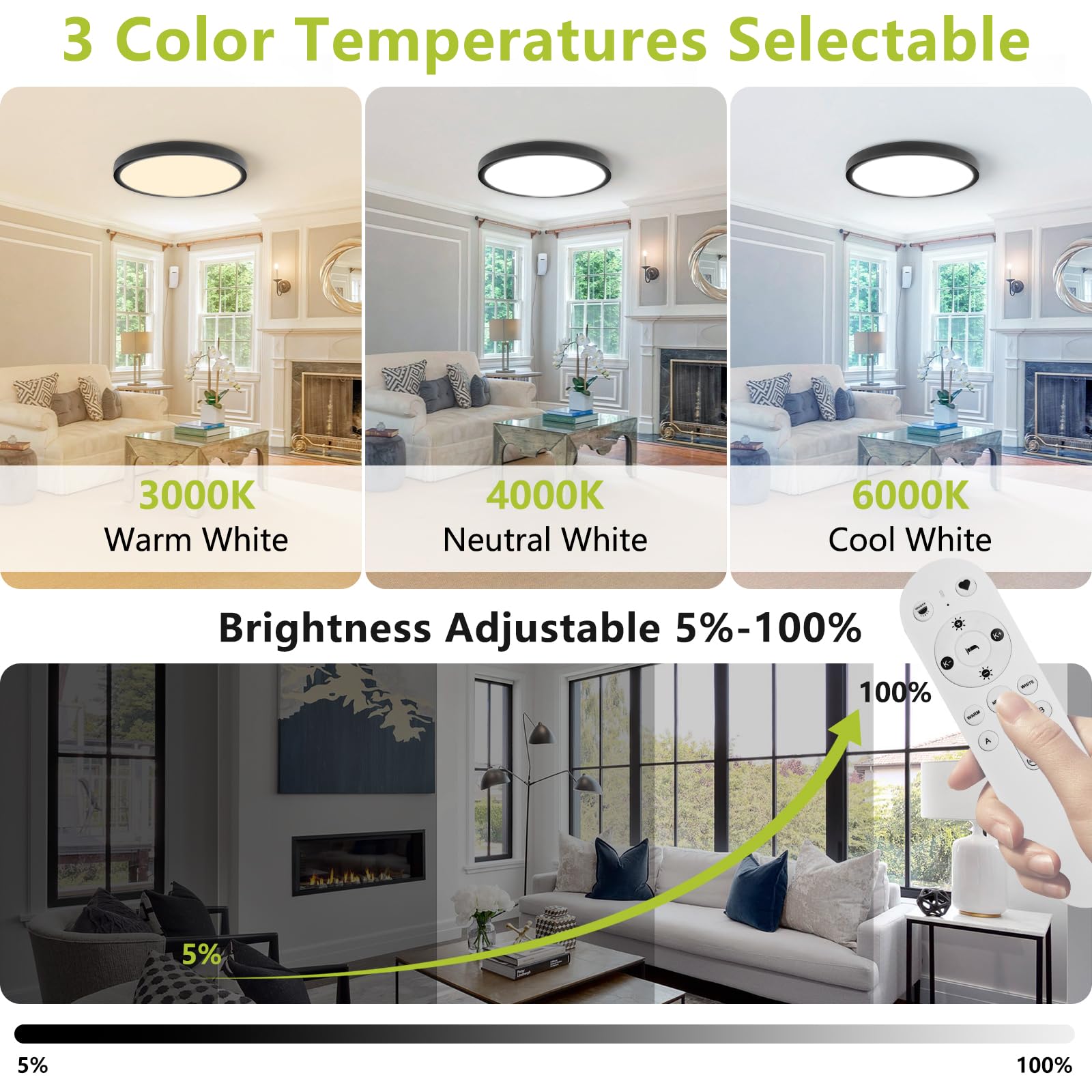 YELIOLED 20 Inch LED Flush Mount Ceiling Light, 42W 4200LM Dimmable, Color Temp 2700K-6500K, Remote Control, Black