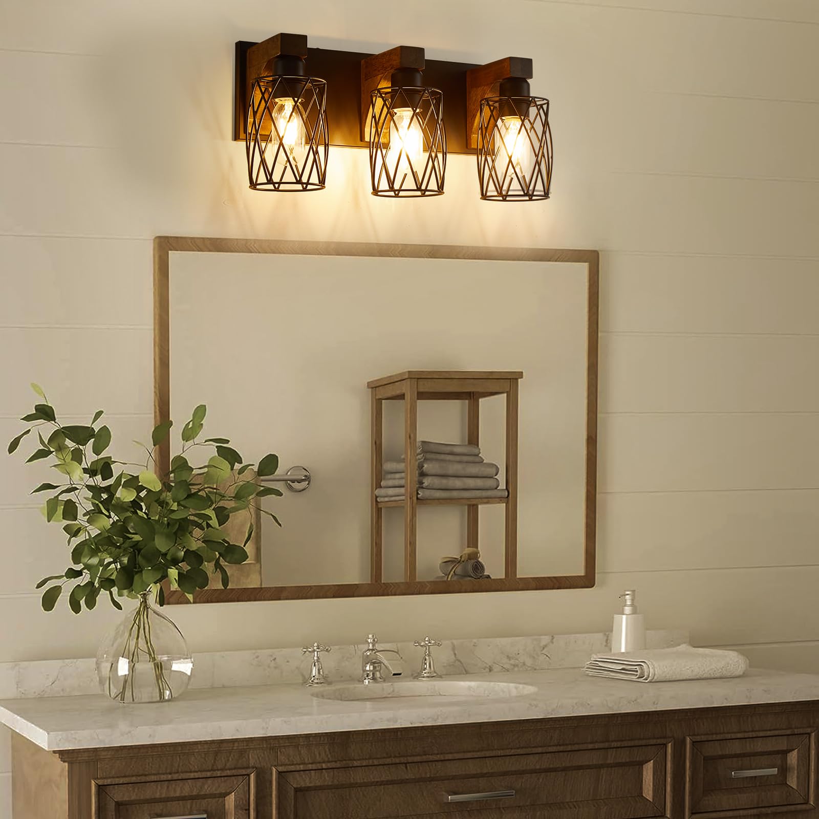 Farmhouse Bathroom Light Fixtures, Wood Bathroom Lighting Fixtures Over Mirror, 3-Light Vanity Light Fixture with Cage Metal Sha
