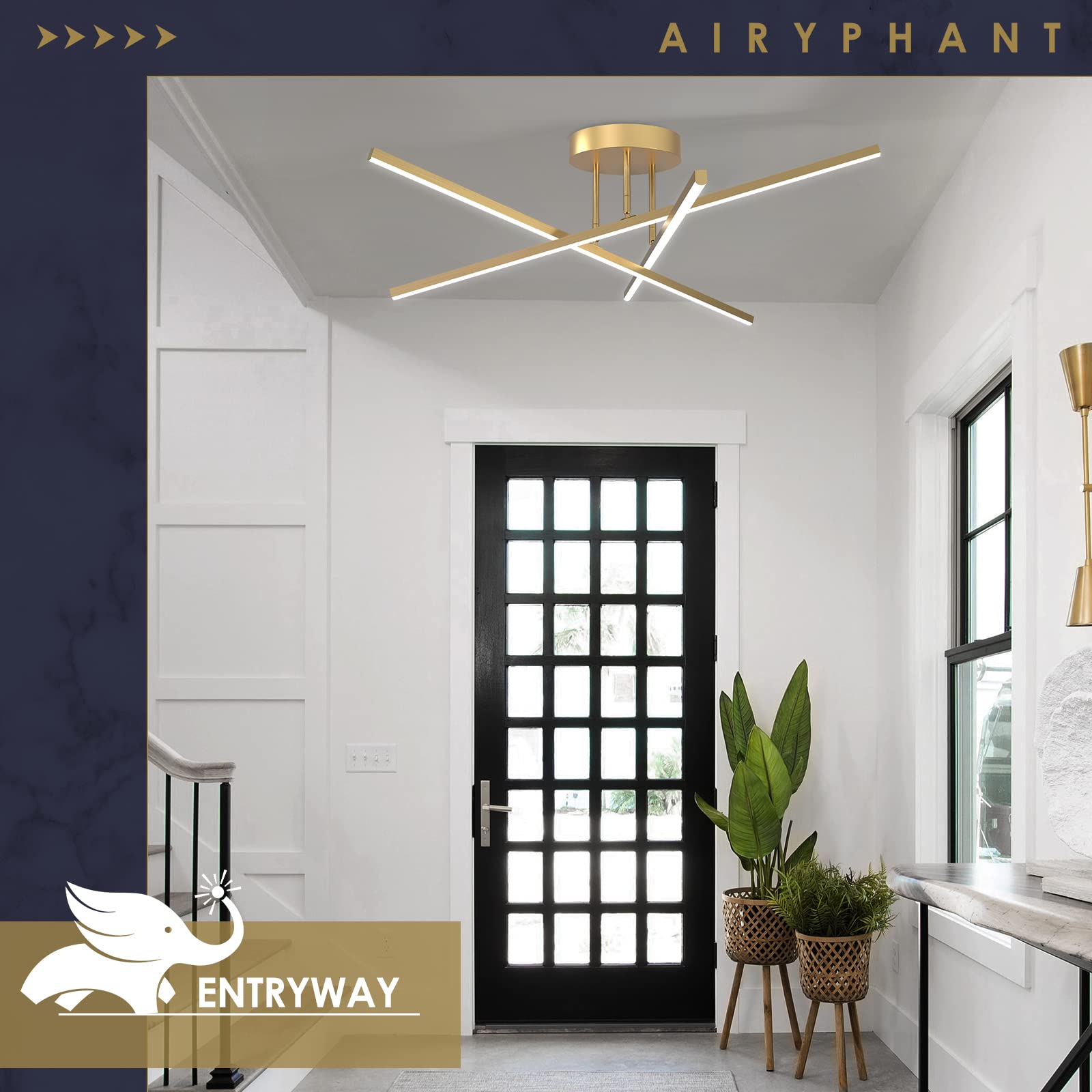 Airyphant Gold Led Chandelier, 3-Lights Modern Semi Flush Mount Ceiling Lighting Fixture For Kitchen Dining Room Foyer Entry Bed