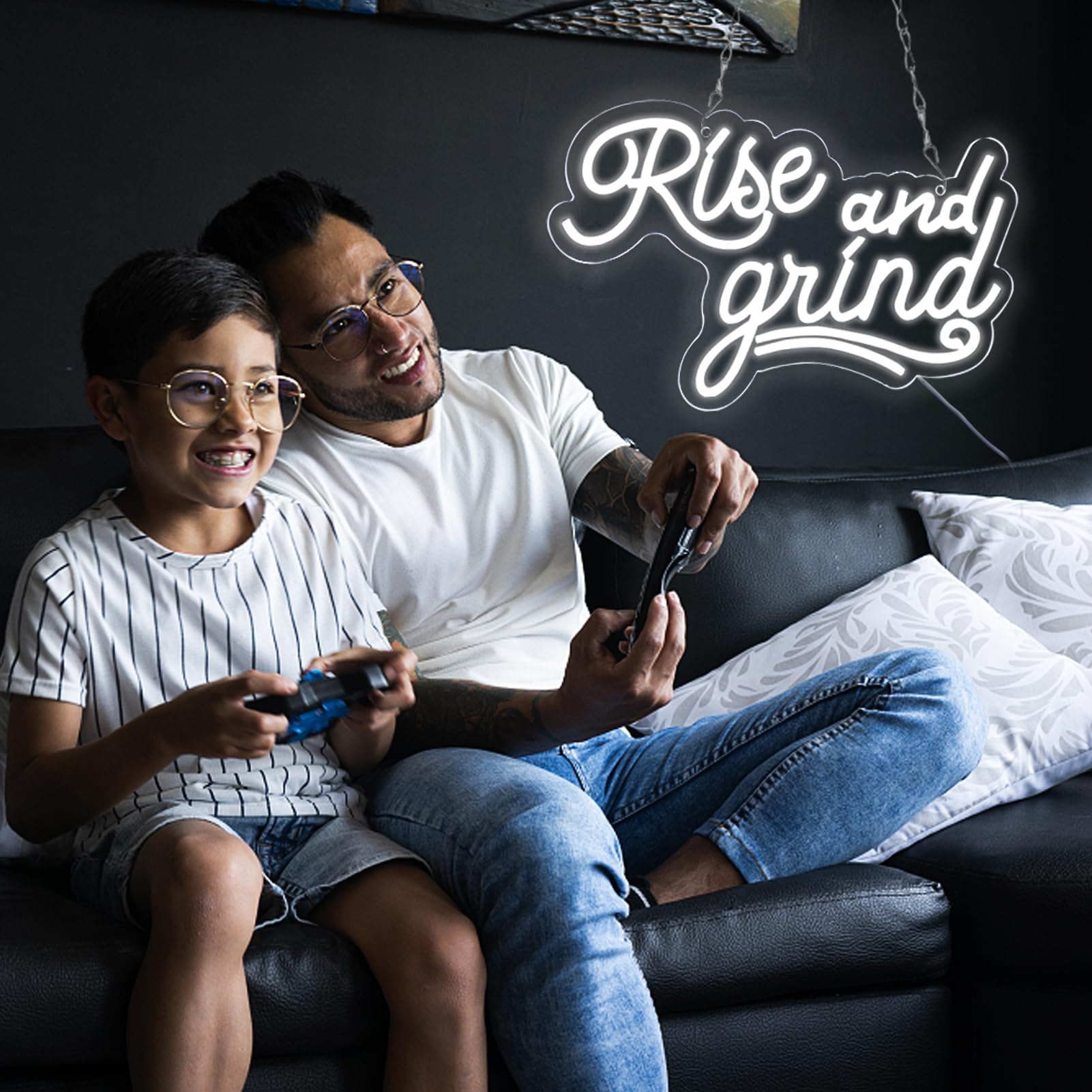 JFLLamp Neon Wall Sign - Rise and Grind LED Light for Bedroom, 16.1"x9", Model NS-Rise and Grind-001, Ideal for Man Cave or Bar Decor