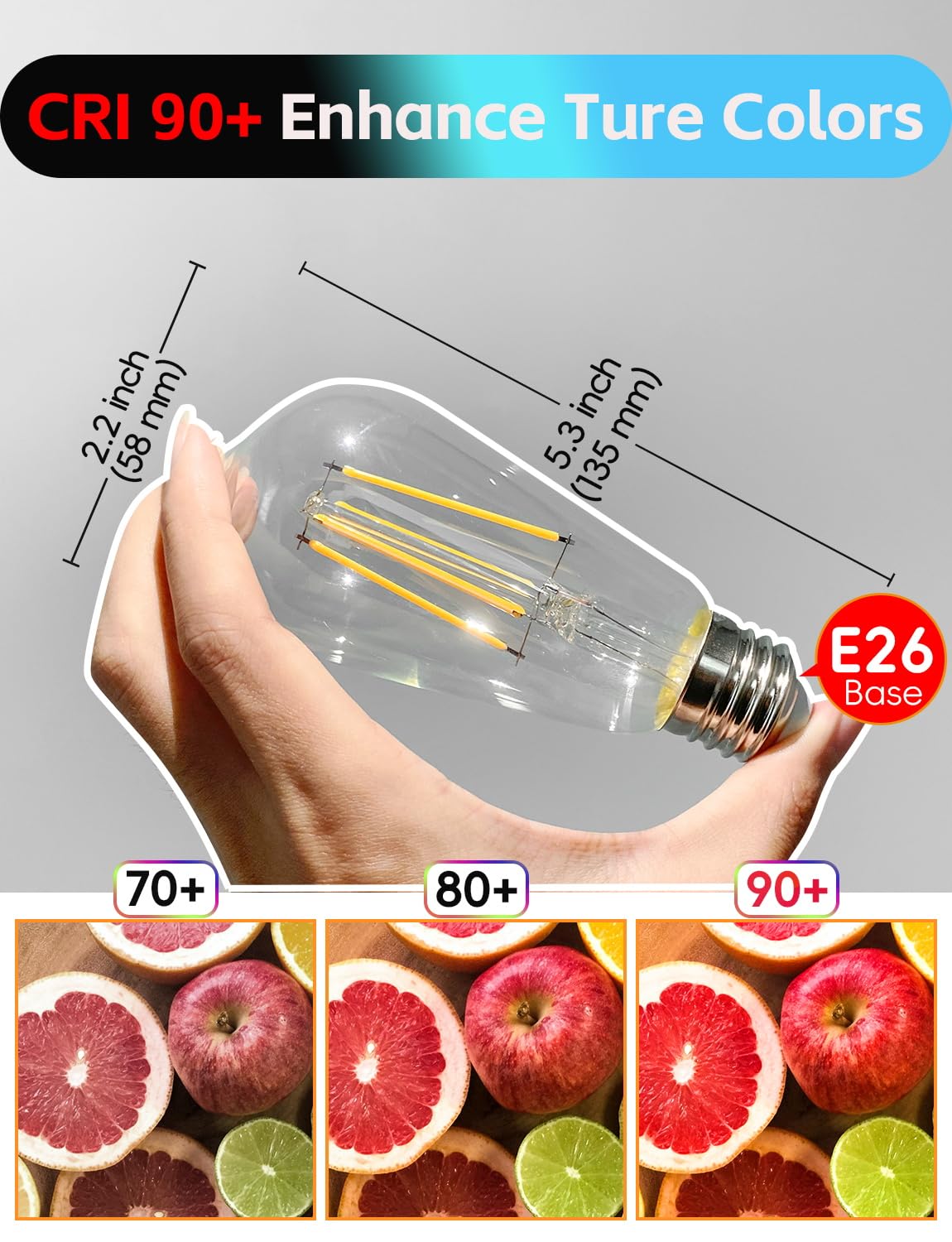 Jensense E26 LED Bulb 6W 60W Equivalent Dimmable Vintage Glass 8 Pack 2700K Warm White