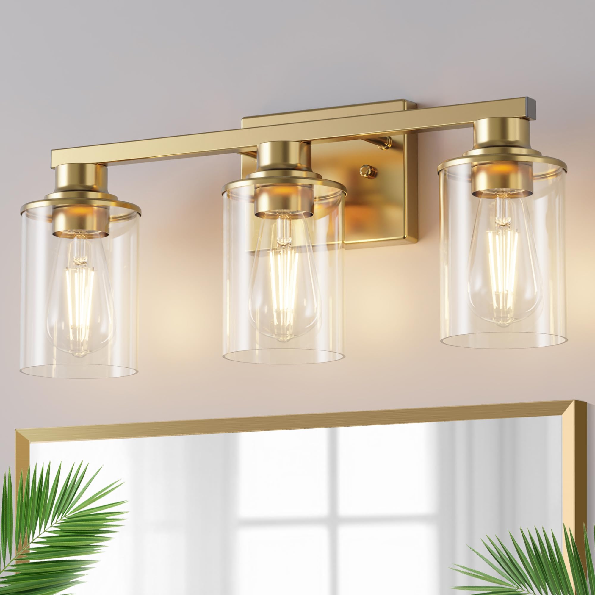 Doresshop 20 Inch Bathroom Light Fixtures  3-Light Brass Bathroom Lighting Fixtures Over Mirror With Clear Glass Shade  Vanity Lights For Living Room Bedroom  Etl Listed
