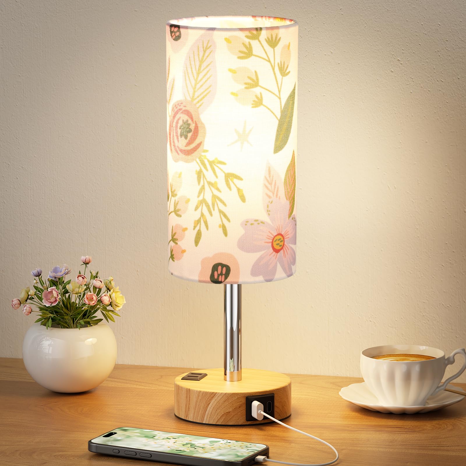 Fenmzee Floral Touch Lamp For Bedroom- 3 Way Dimmable Bedside Lamp Usb C A Charging Ports And Ac Outlet, Small Table Lamp Floral