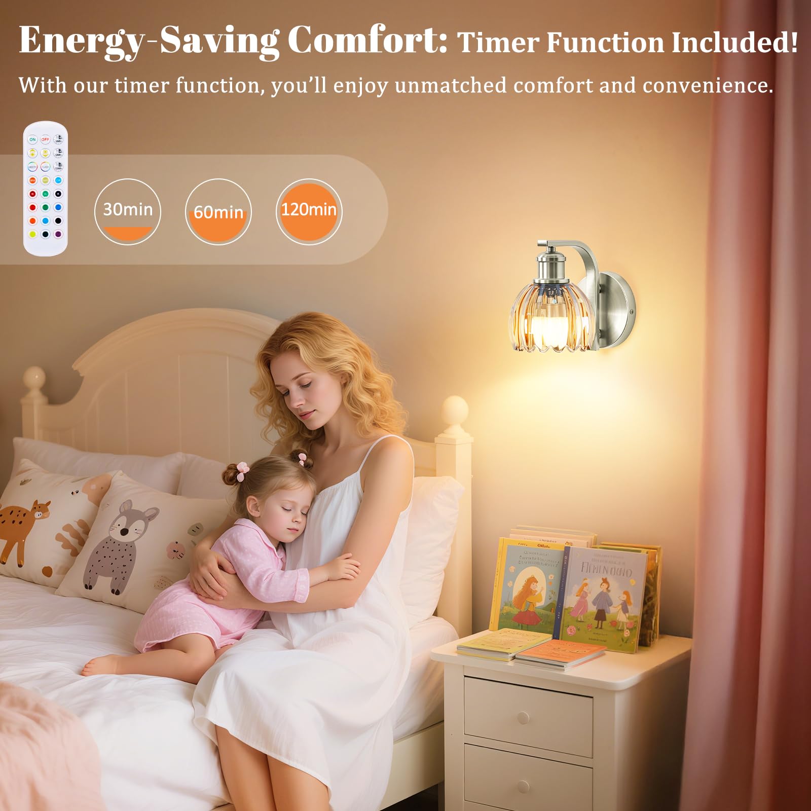 VerRon Rechargeable Wall Sconce Set of 2, Amber Glass, Wireless, Remote Control, Brushed Nickel, Model B05092P(2PK)