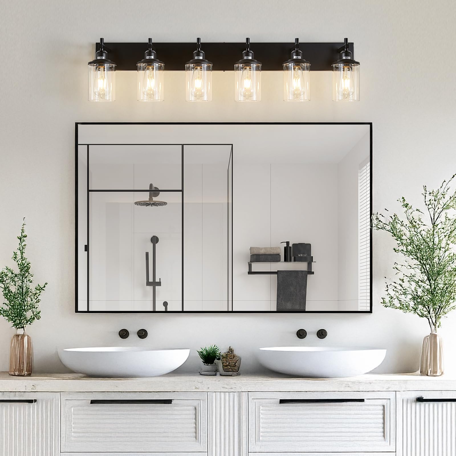 Lanhall 6-Light Black Bathroom Light Fixture Over Mirror Modern Farmhouse Bathroom Vanity Light Vintage Wall Lighting With Clear
