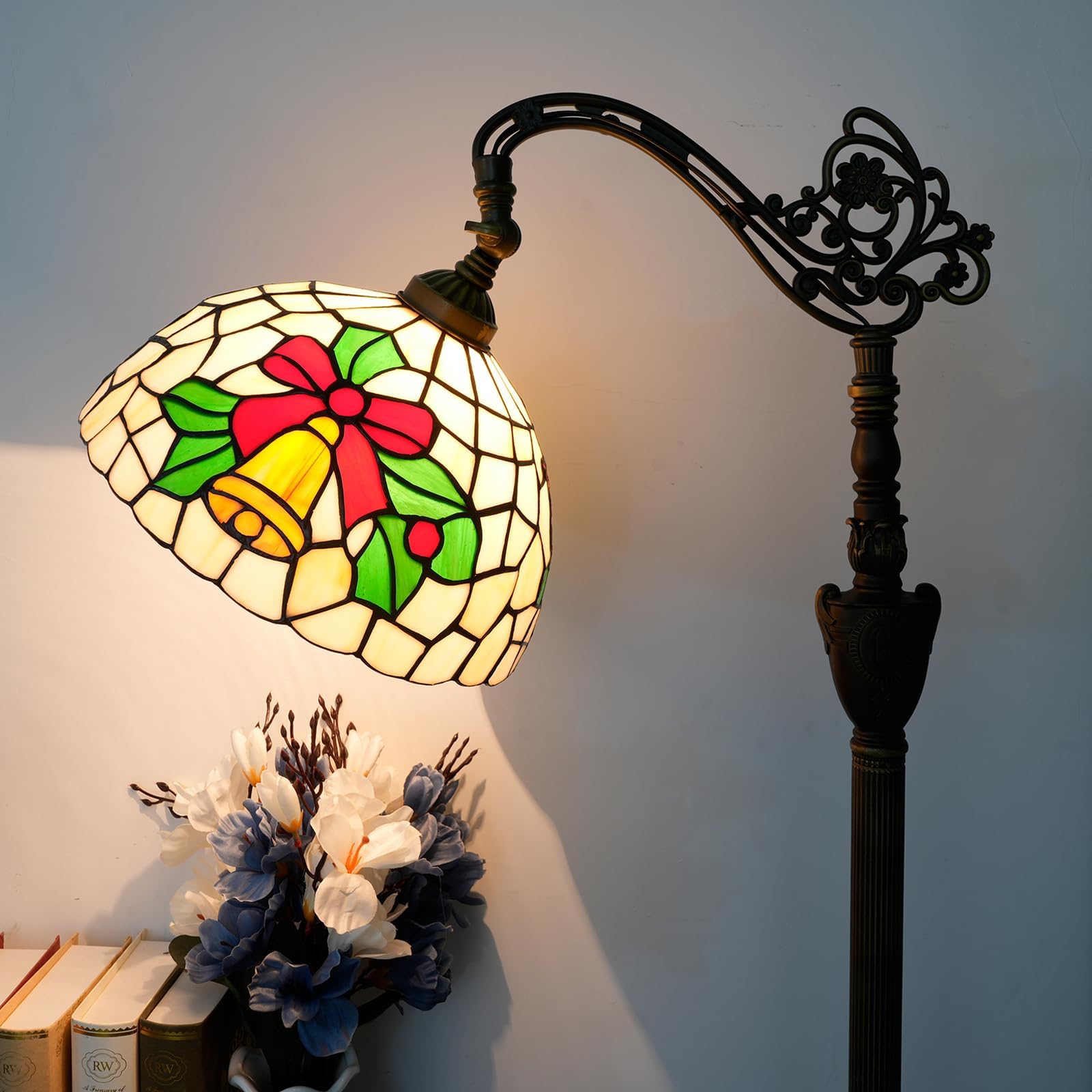 Crecobo Christmas Bell Tiffany Floor Lamp 12 Inch Stained Glass Lamp with Adjustable Gooseneck Vintage Style Art Tall Lamps for 