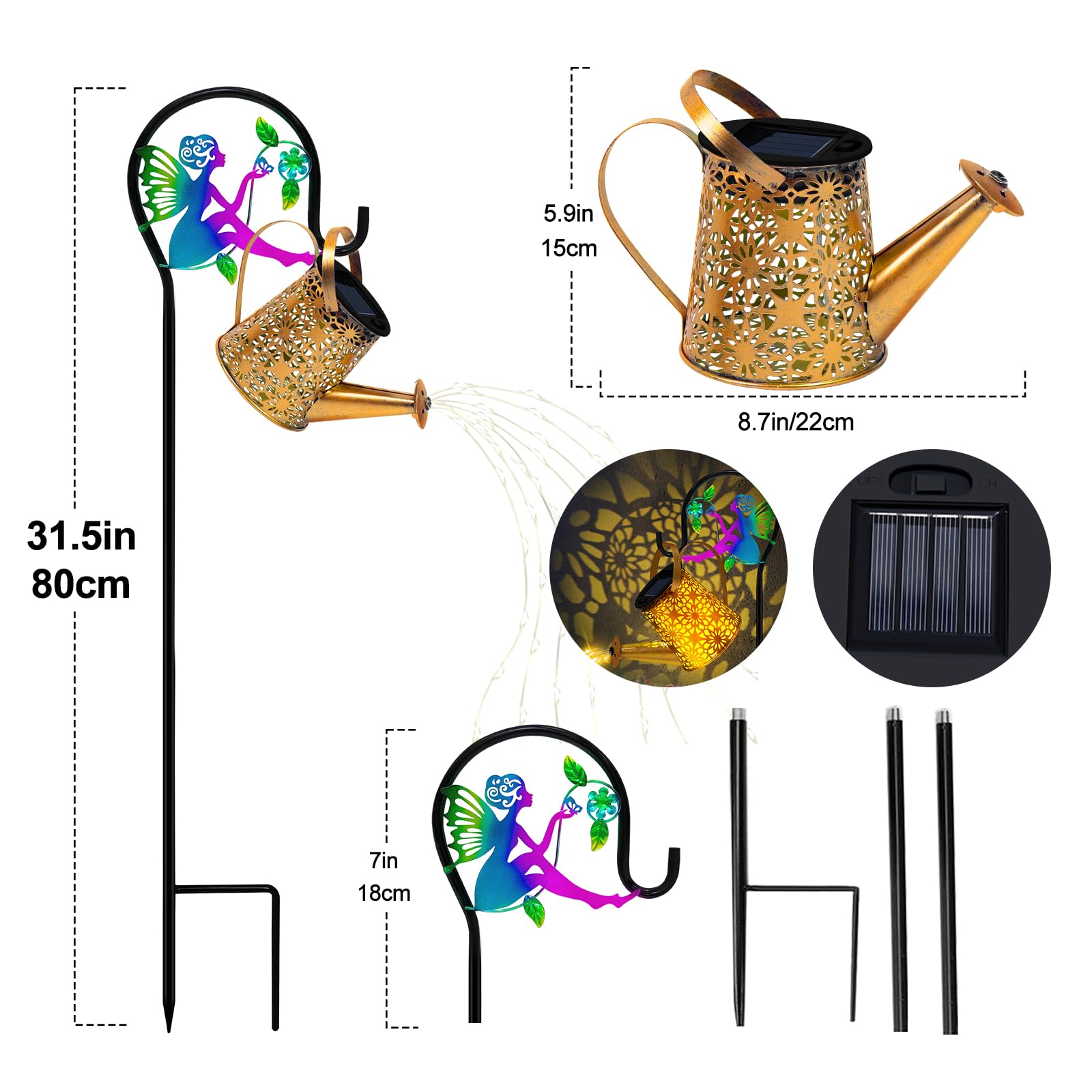 Solar Watering Can With Lights, Waterproof Solar Lantern With Fairy Shepherd Hook, Hanging Solar Garden Lights For Patio Yard La