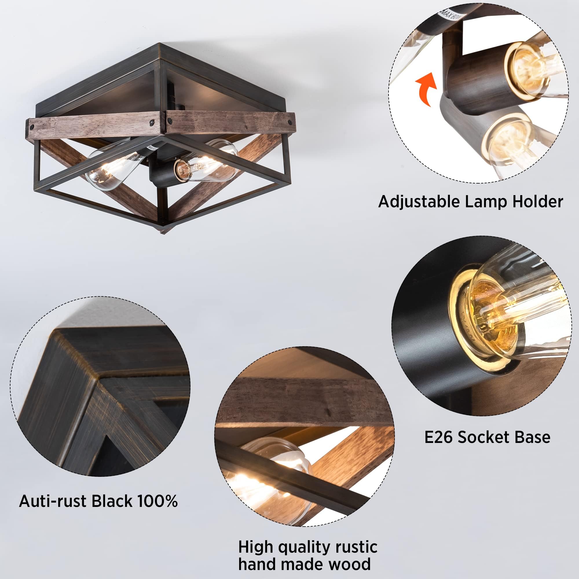 Mayna 2-Light Rustic Ceiling Light Fixture, Farmhouse Flush Mount Ceiling Light, Metal And Wood Square Ceiling Lamp For Hallway