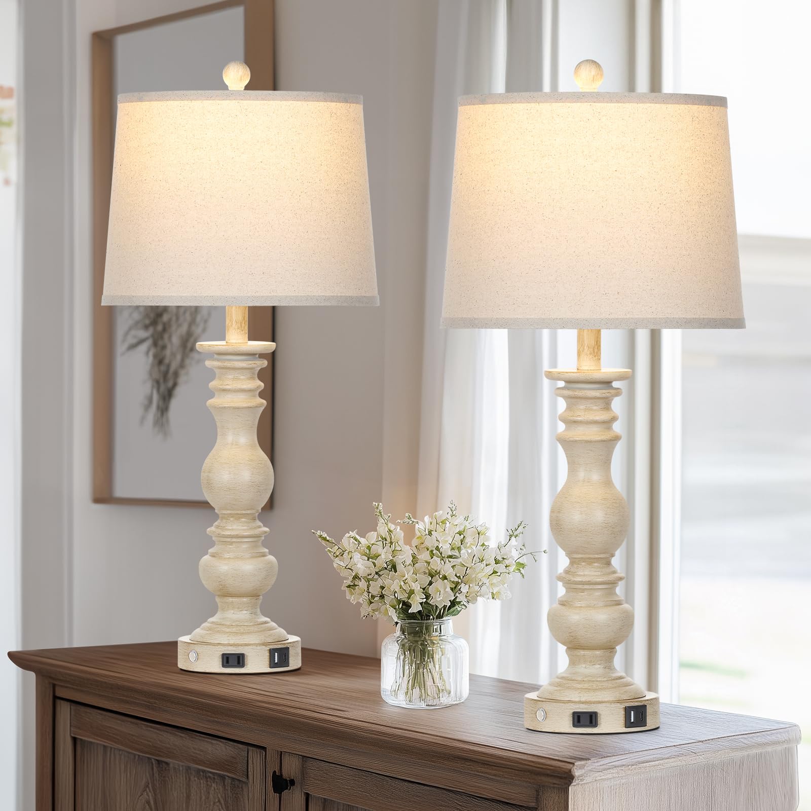 Cinkeda 28" Farmhouse Table Lamps Set of 2 - 3-Way Dimmable Touch, USB Ports, Beige, Model TD-CK
