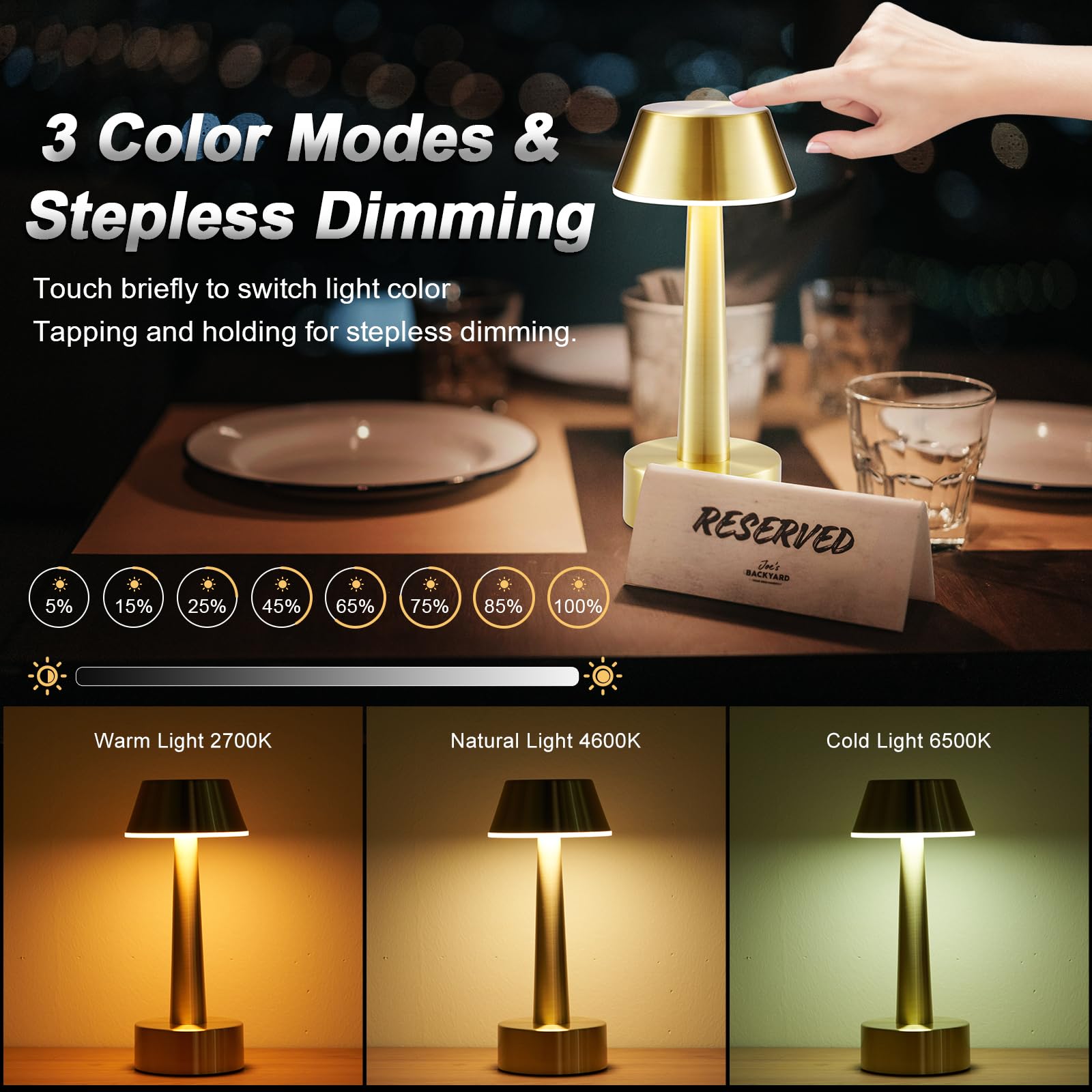 INTELIVE 2 Pack Small Cordless Table Lamp - Gold, Battery Operated, Rechargeable, 3-Way Dimmable Touch Light, Model D15825GD-2