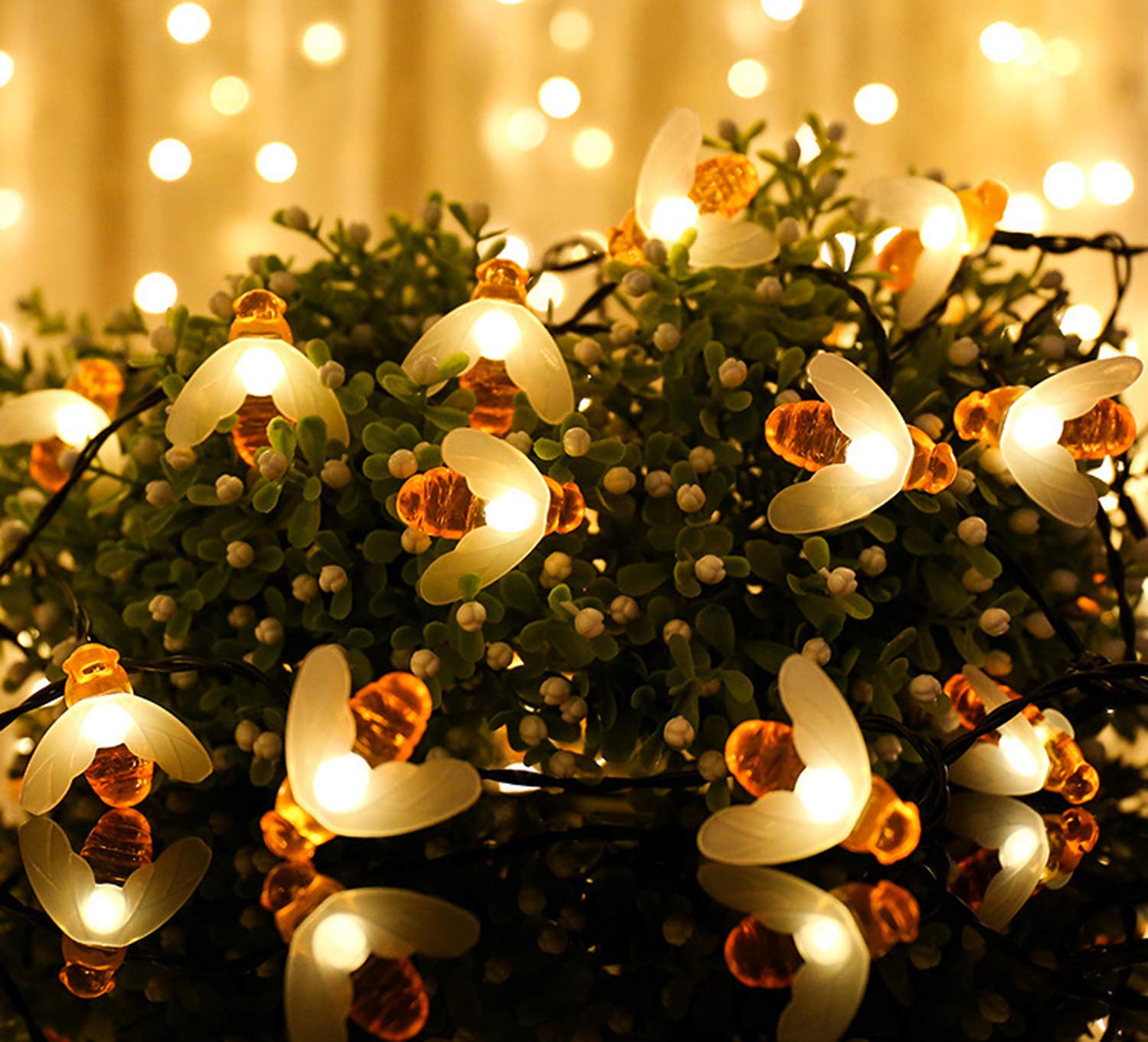 SNOMYRS Solar String Lights 21 Ft 30 LED Bumble Bee Lights with 8 Modes Warm White for Garden Patio Decor