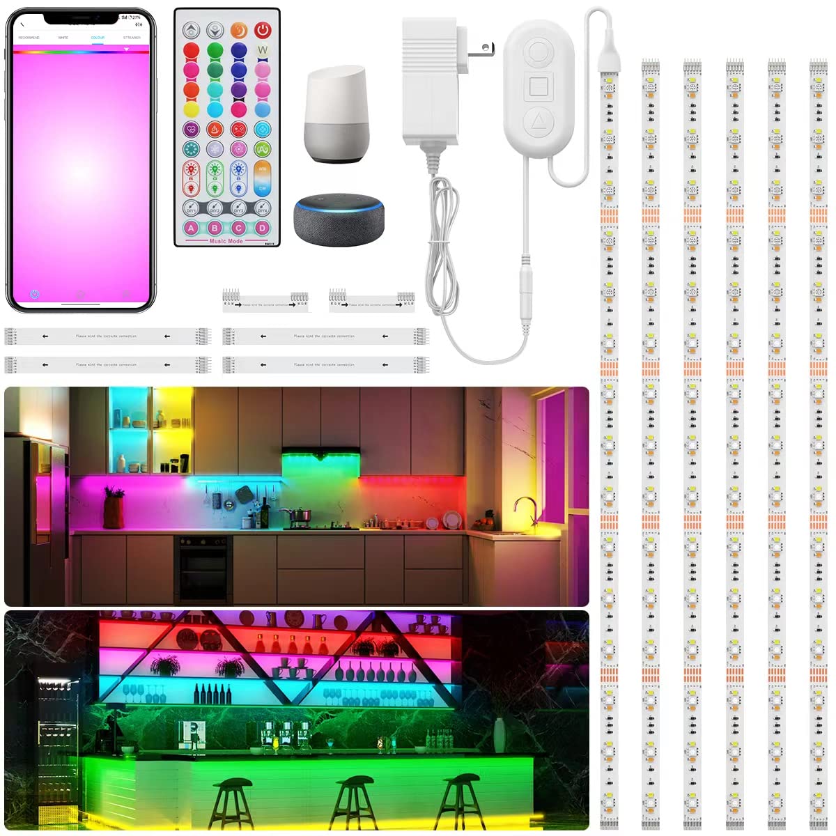 6 PCS WIFI RGBCW Under Cabinet Lights Kit,Work with Alexa,Google Assistant,App and IR Remote,Music Sync Color Changing LED Light