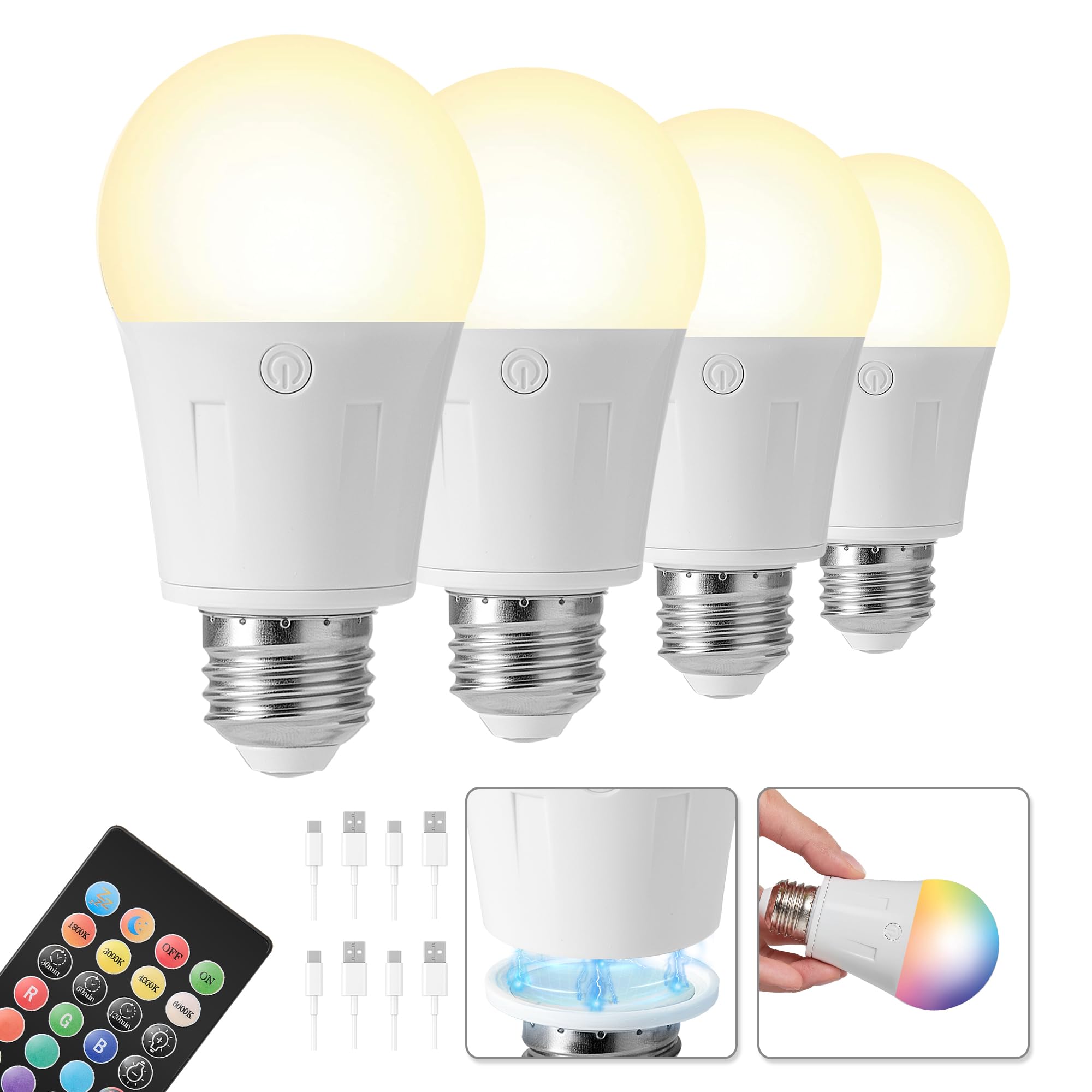 Rechargeable Battery Operated Light Bulbs, E26 Detachable Led Bulb With Remote Control, Dimmable, 4 Color Temperatures, Rgb, Tim