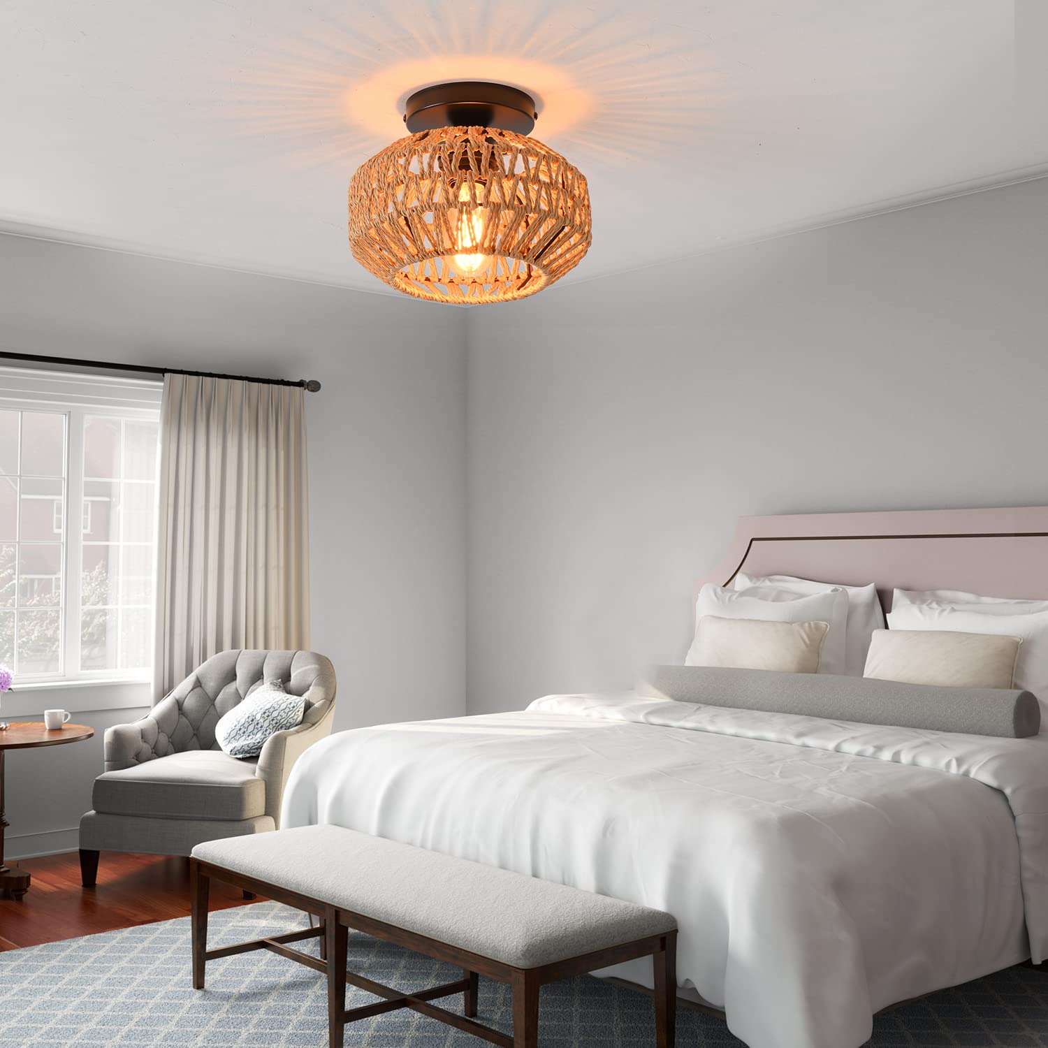 IHENGYANLT Semi Flush Mount Ceiling Light, Metal Rattan, 2 Pack, Hand Woven Farmhouse Fixtures for Bedroom, Hallway, Nursery, Model C1220Z