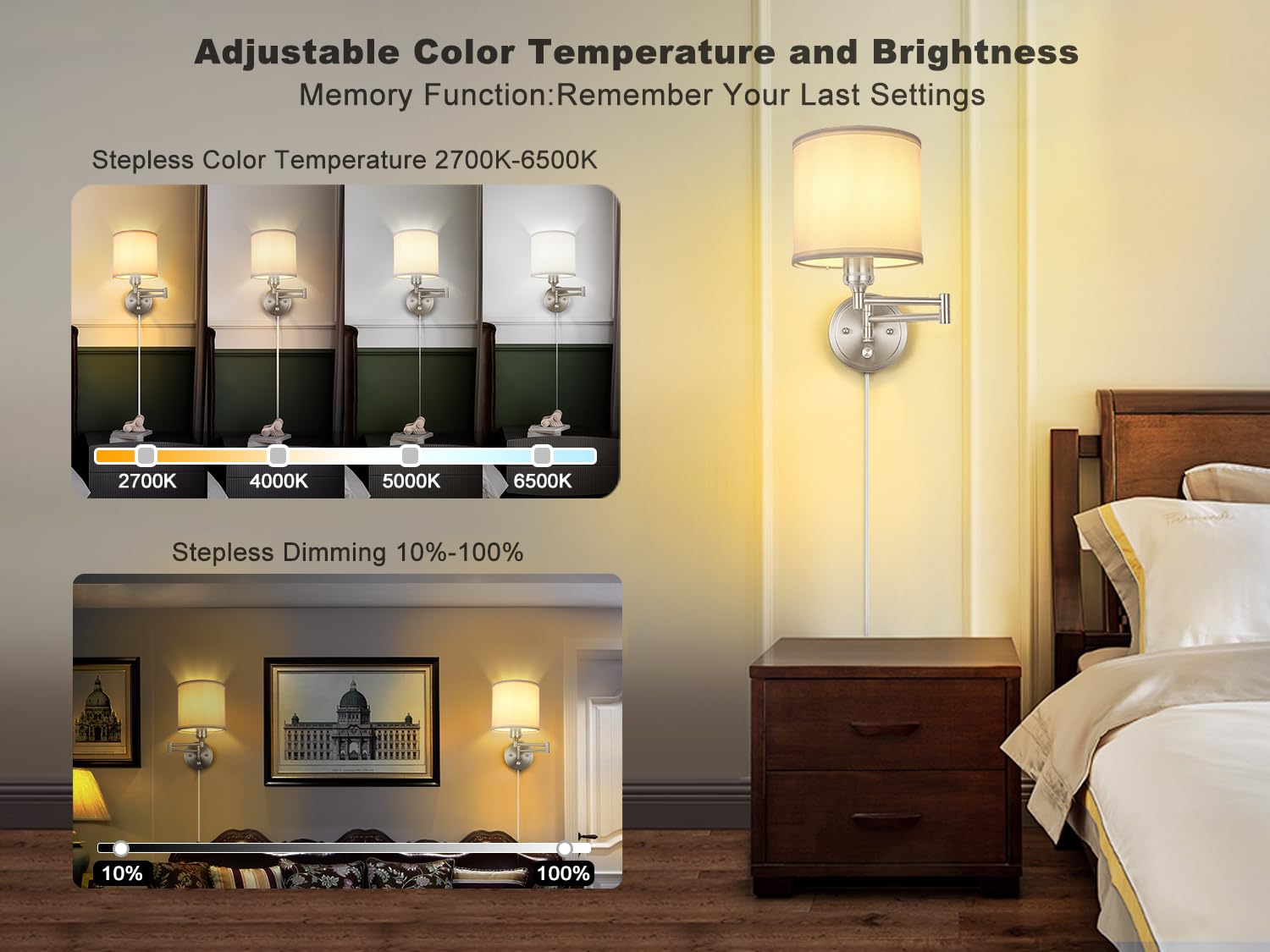 GOODATE Plug-in Wall Sconces Set of Two, Remote Control, Dimmable, Adjustable Colors 2700K-6500K, Brushed Nickel & White, Model BZ-YK