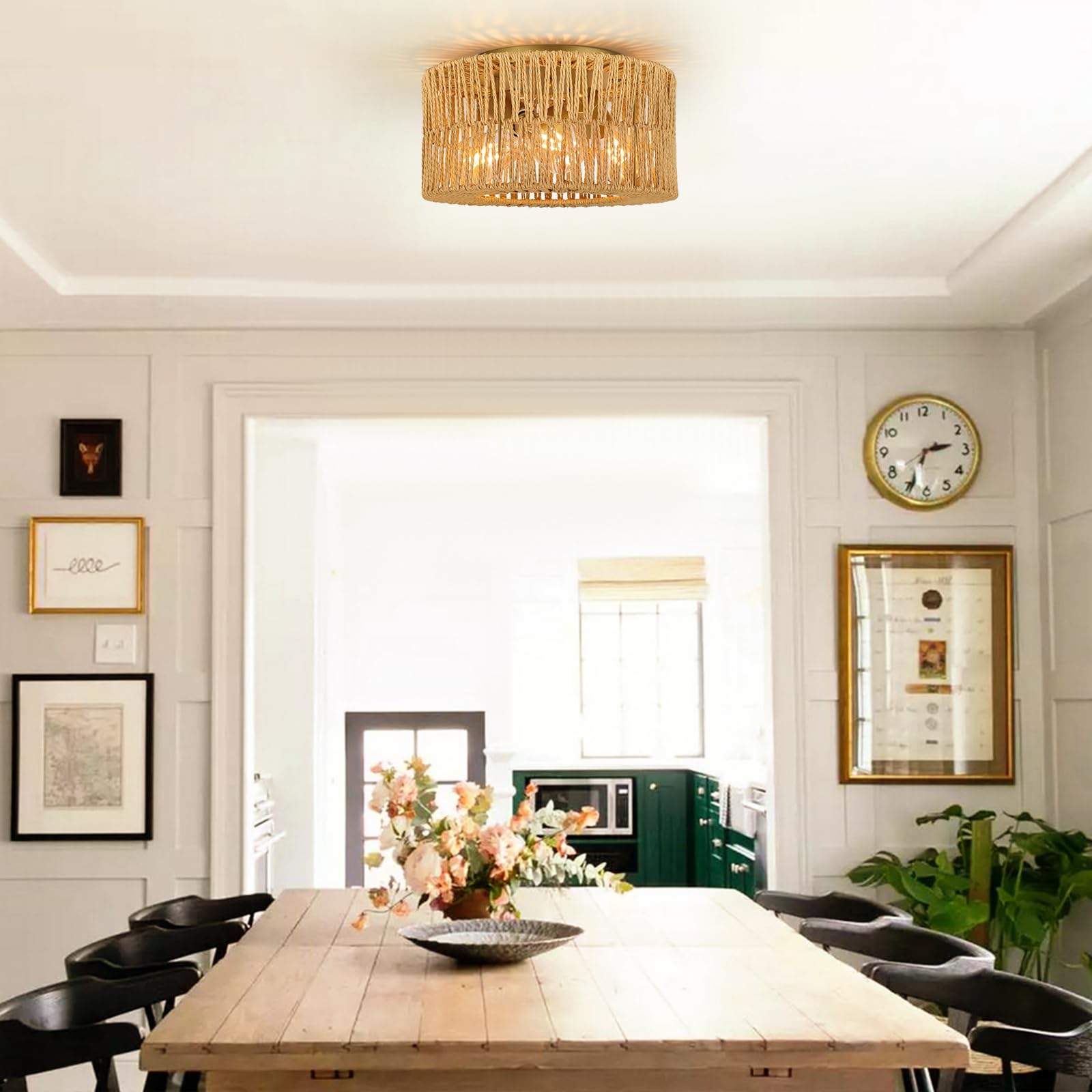 Foucasal 3-Light Rattan Ceiling Light Flush Mount - Boho Woven Chandelier For Farmhouse Decor