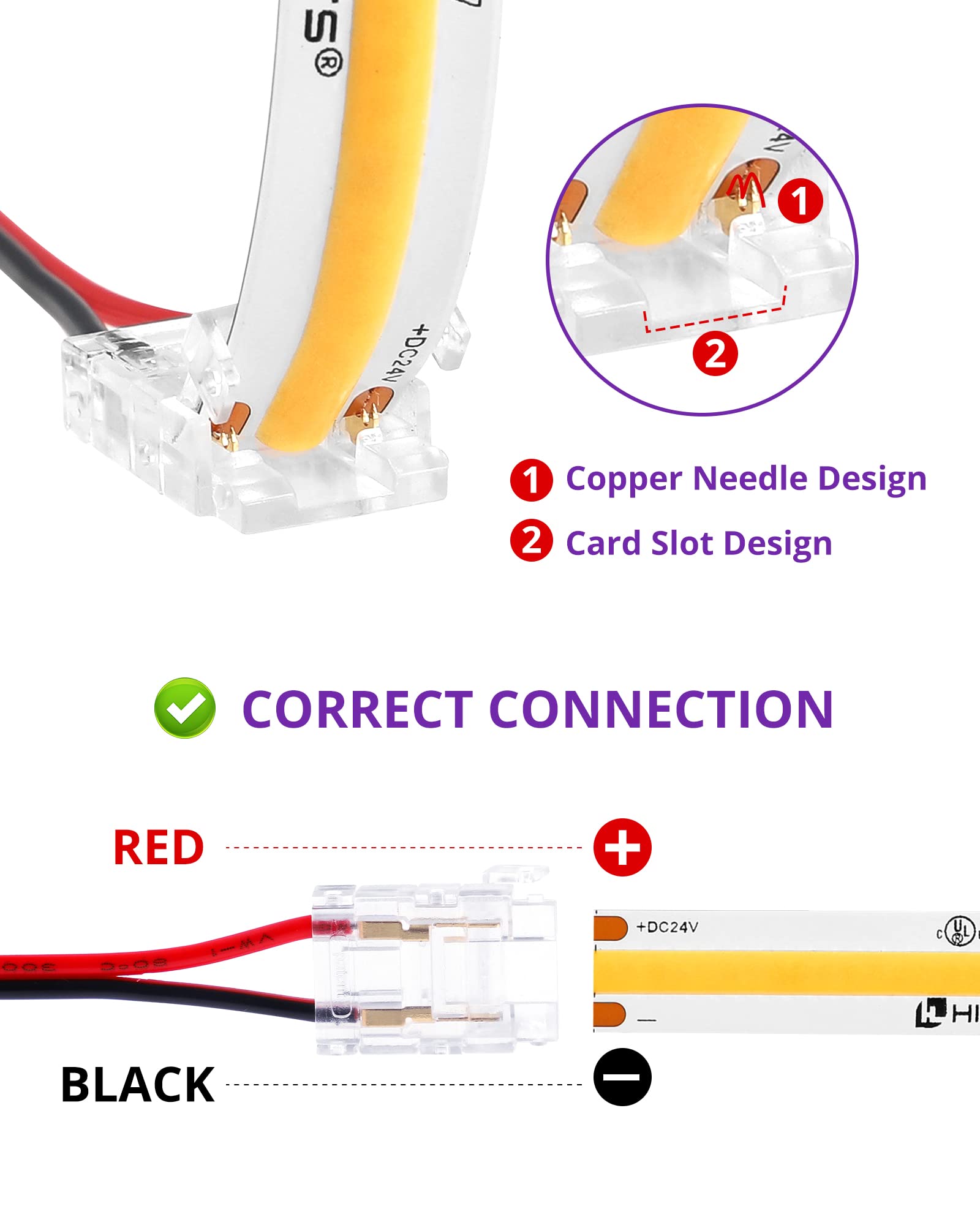 Hitlights Led Strip Connector 2Pin 10Mm Led Connector Kit Include Gapless Connector, Jumper Connector, Pigtail Connector, Dc Fem