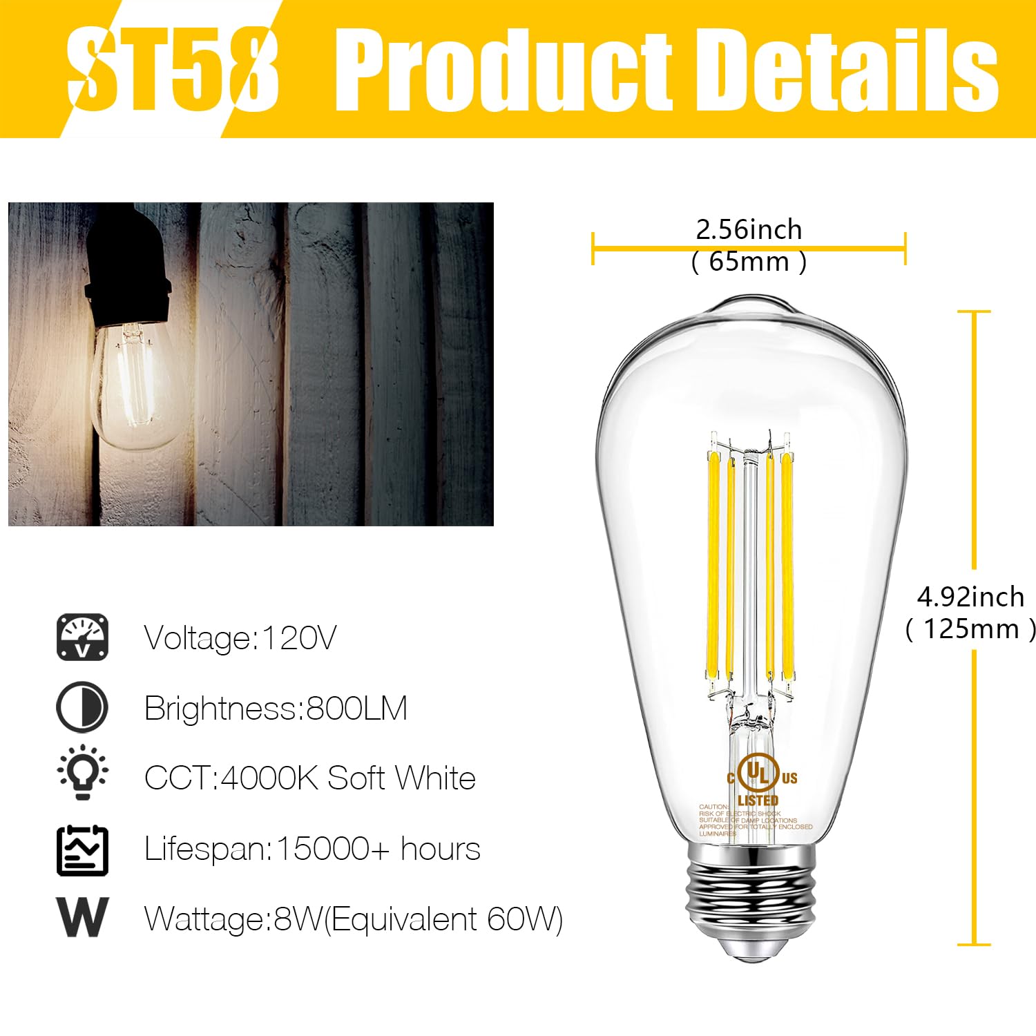 Daybetter 24 Pack Vintage Led Edison Bulbs, E26 Led Bulb 60W Equivalent, Dimmable Led Light Bulbs, High Brightness 800 Lm Neutral White 4000K, St58 Antique Filament Bulbs, Clear Glass Style For Home