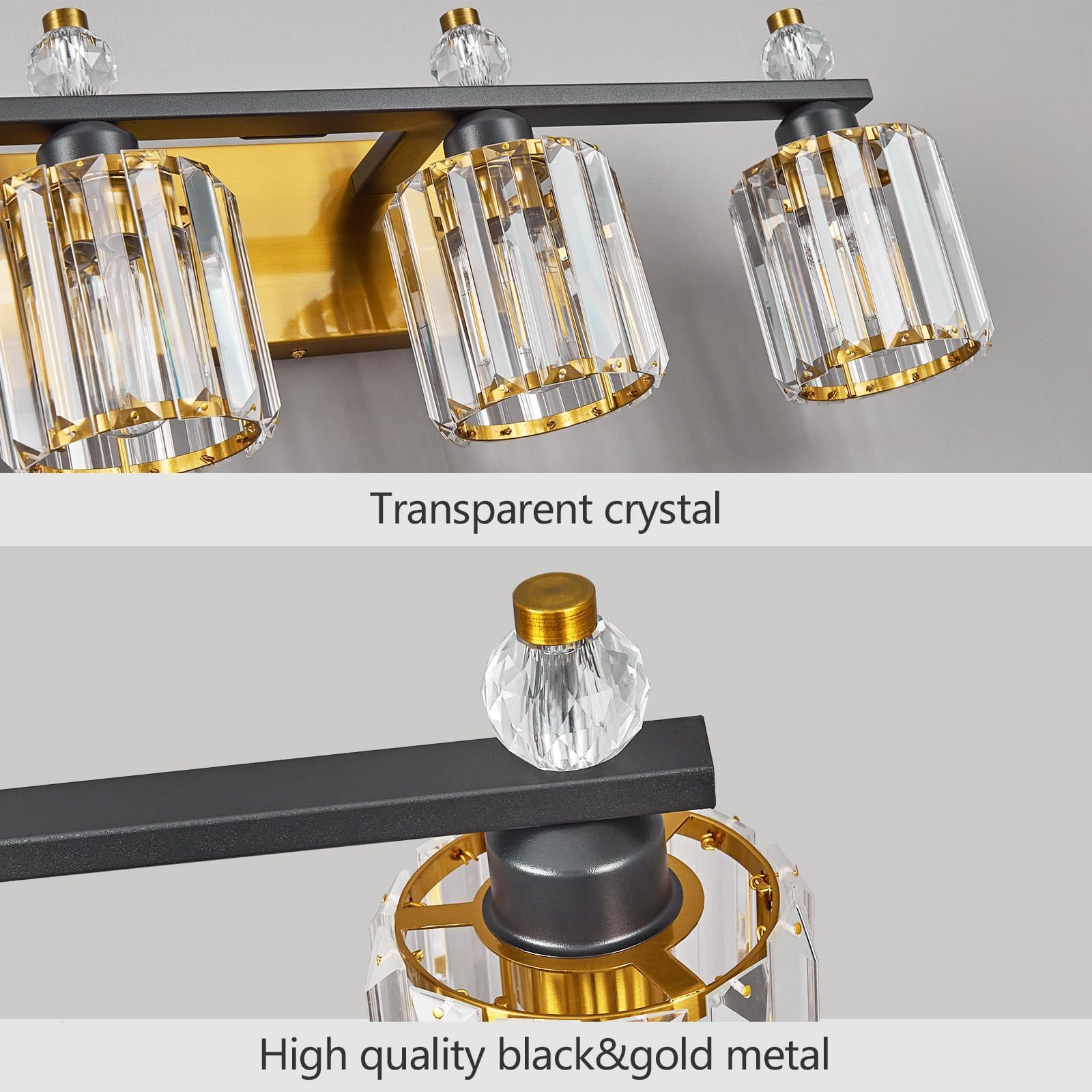 FDPBY 3-Light Crystal Bathroom Vanity Lights, Black Gold Round, Model 291, Modern Over Mirror Lighting Fixtures