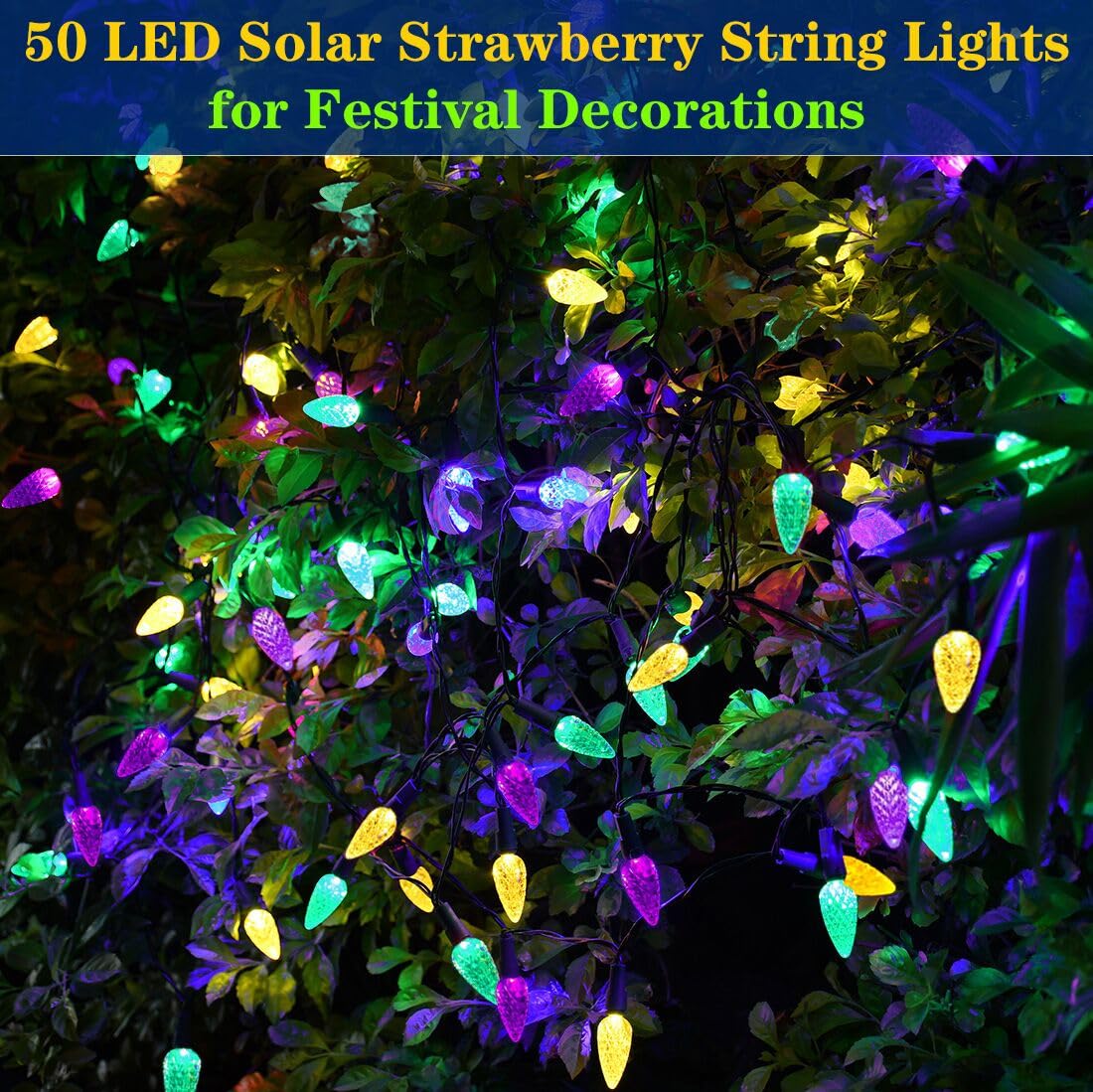 Huacenmy Solar Mardi Gras Lights, 50 LEDs C6, Waterproof Yellow Purple Green Decor for Outdoor Camping and Holiday Decorations