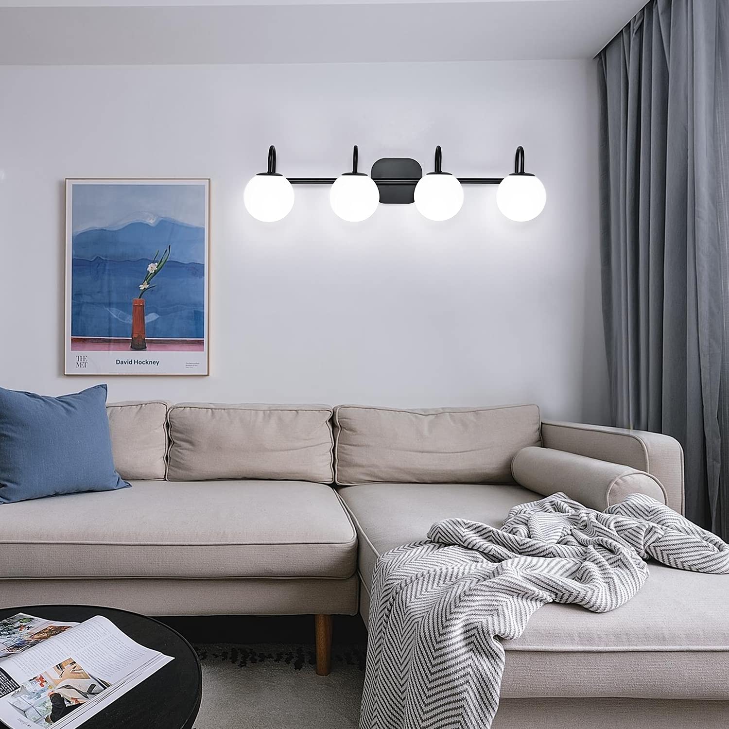 Zhuoer Vintage Bathroom Light Fixtures 4-Lights Black Mid Century Vanity Lights With Milk White Glass Globe Shade Vintage Wall Sconces Lighting Bath Vanity Lights Bar Over Mirror(Exclude G9 Bulb)