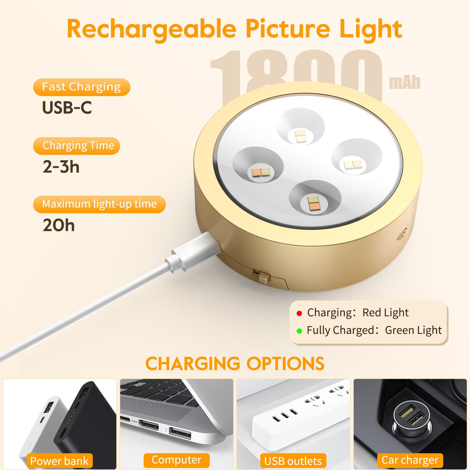 Brightown Picture Lights 2-Pack, Rechargeable, Dimmable, Timer, Gold, Model GOLD-2PCS, Magnetic Art Display, Wireless