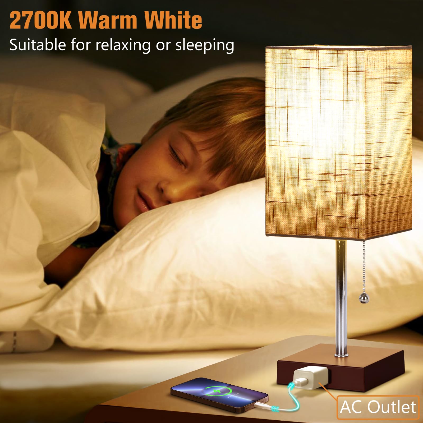 Plmmy Bedside Table Lamp For Bedroom Nightstand, 3 Color Pull Chain Nightstand Lamps Set Of 2 With Ac Outlets, Square Gray Lamps