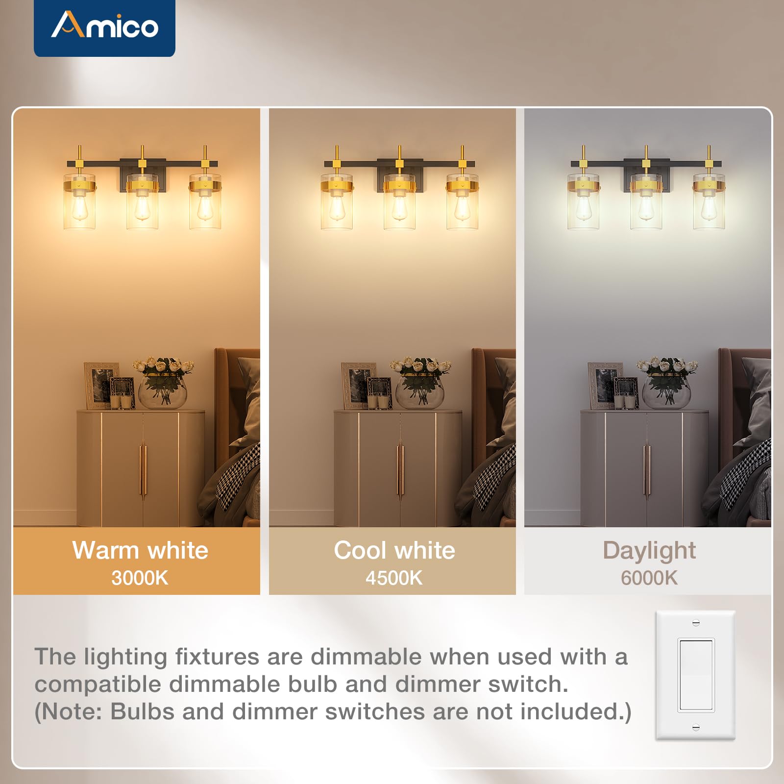 Amico Vintage Vanity Lights For Bathroom, 3-Lights Black And Bronze Light Fixture Over Mirror For Bath Glass Shade Light, Wall S