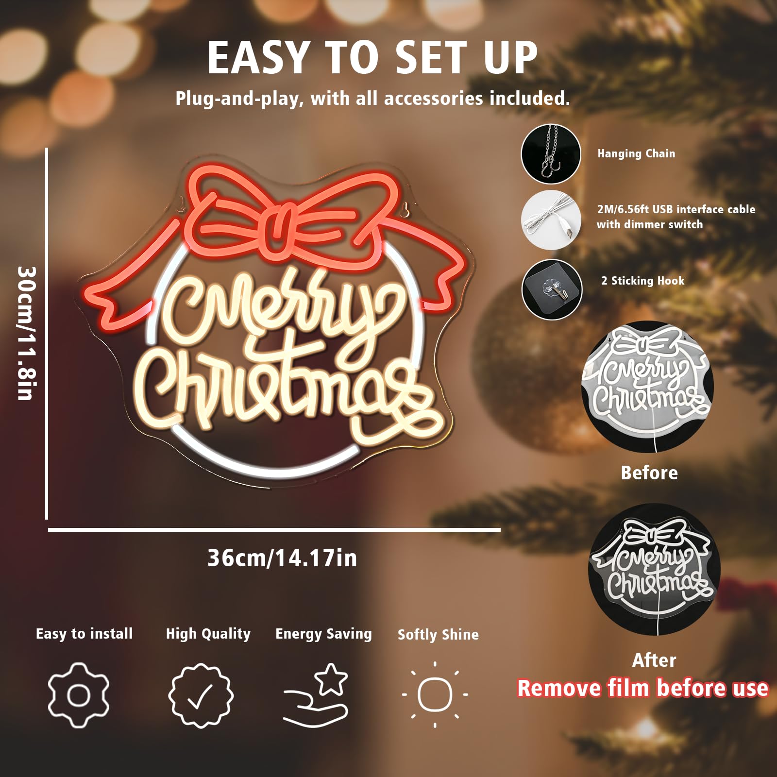 JURONGYILU Dimmable LED Neon Sign - Merry Christmas Bow Design - USB Powered - Colorful - Model HZ-WX-NL-6130