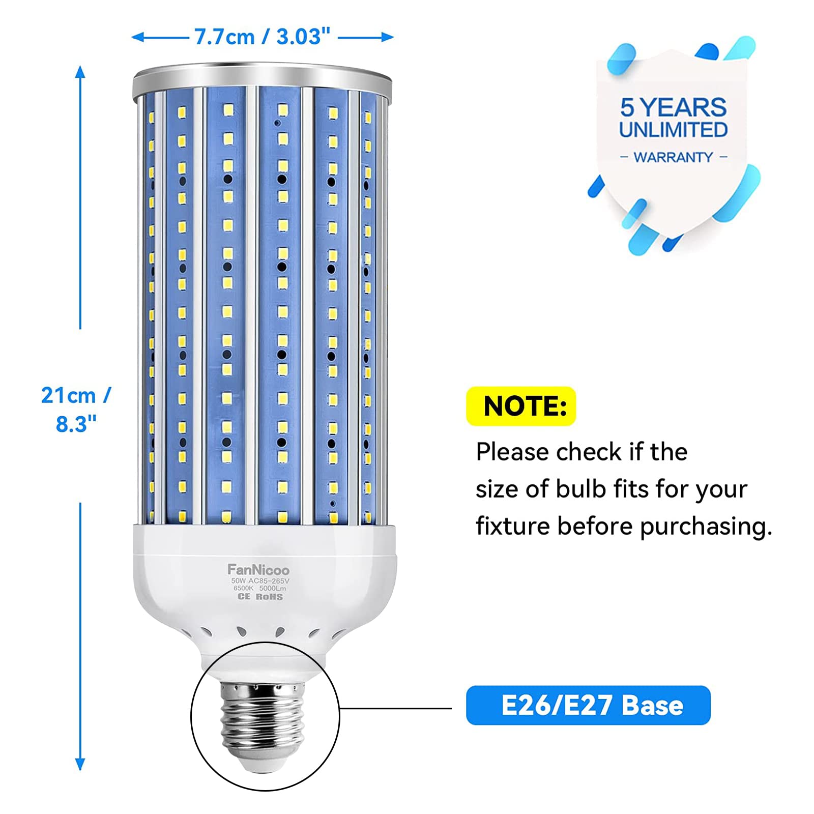 Led Corn Light Bulb 500W Equivalent 5000 Lumen 6500K 50W Large Area Cool Daylight White E26/E27 Medium Base Corn Bulb For Outdoo