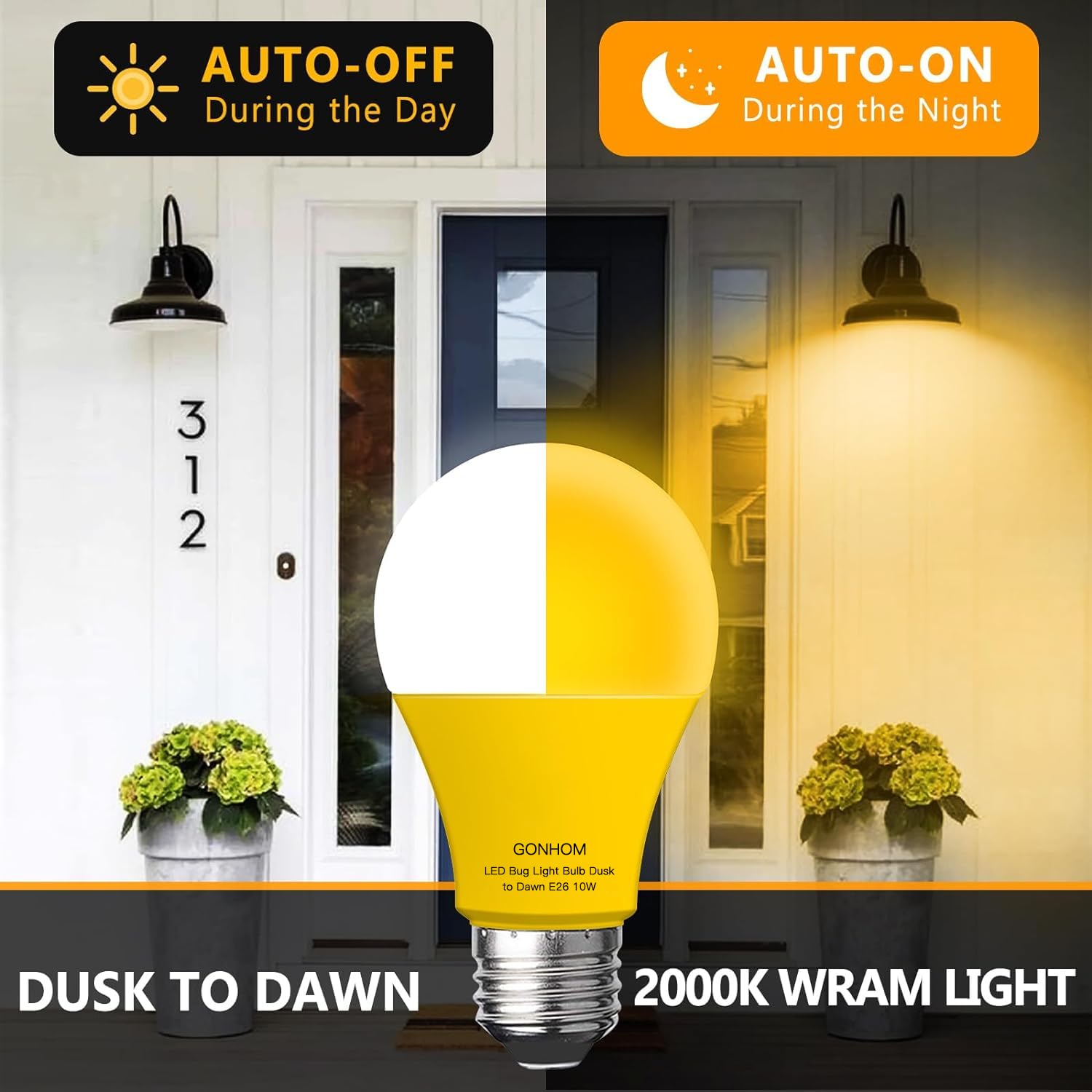 Gonhom A19 Yellow LED Bug Light Bulbs, 10W Equivalent, Dusk to Dawn, 4 Pack for Outdoor Porch, Garage, and Patio