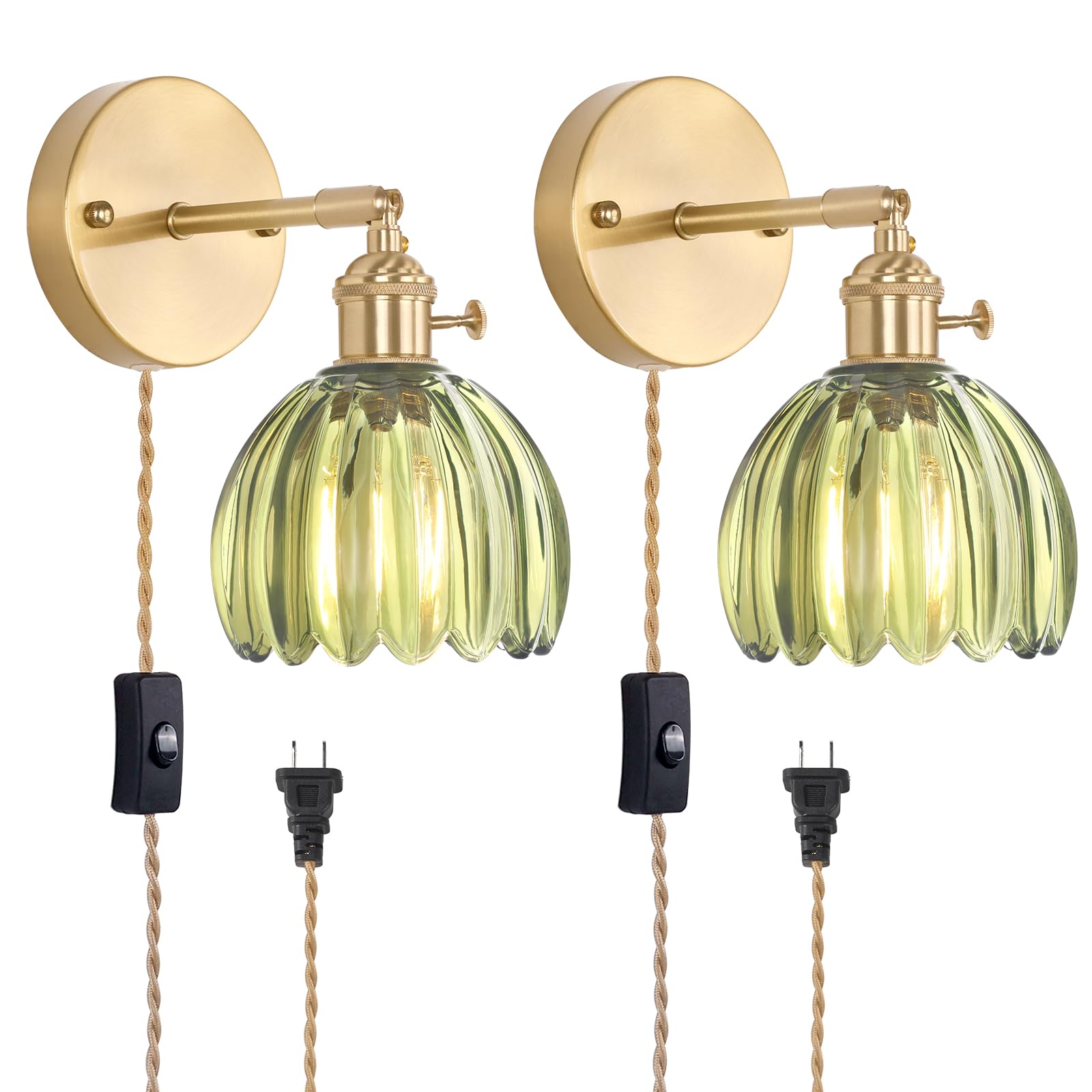 Shenmoyl Plug in Wall Sconce  Green Tulip Glass Lampshade Wall Light Plugin Corded for Bedside Bedroom Doorway  2 Pack