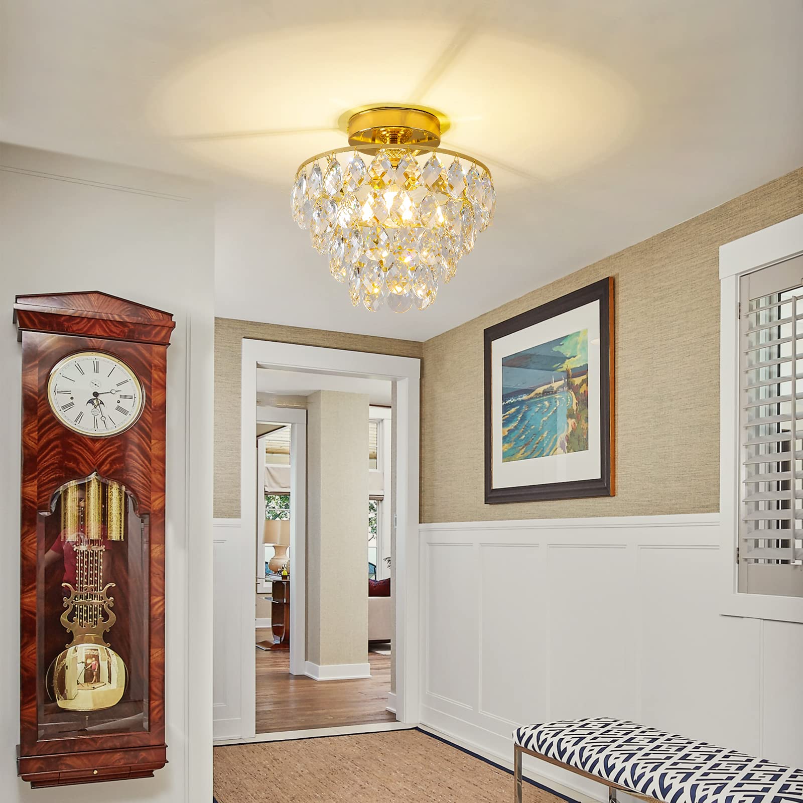 Modern Gold Crystal Chandeliers, Mini Flush Mount Ceiling Light Fixture, Close To Ceiling Lamp Fixture For Hallway Bedroom Bathr