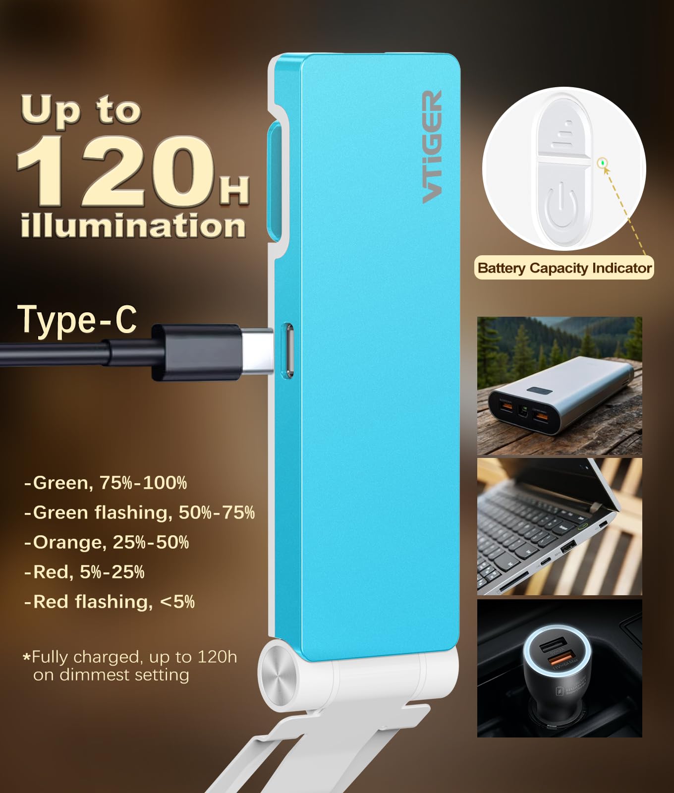 VTIGER USB Rechargeable Reading Light, LED Clip-on Booklight, 3 Amber Colors, 4 Brightness Levels, Portable, Blue, Model B1