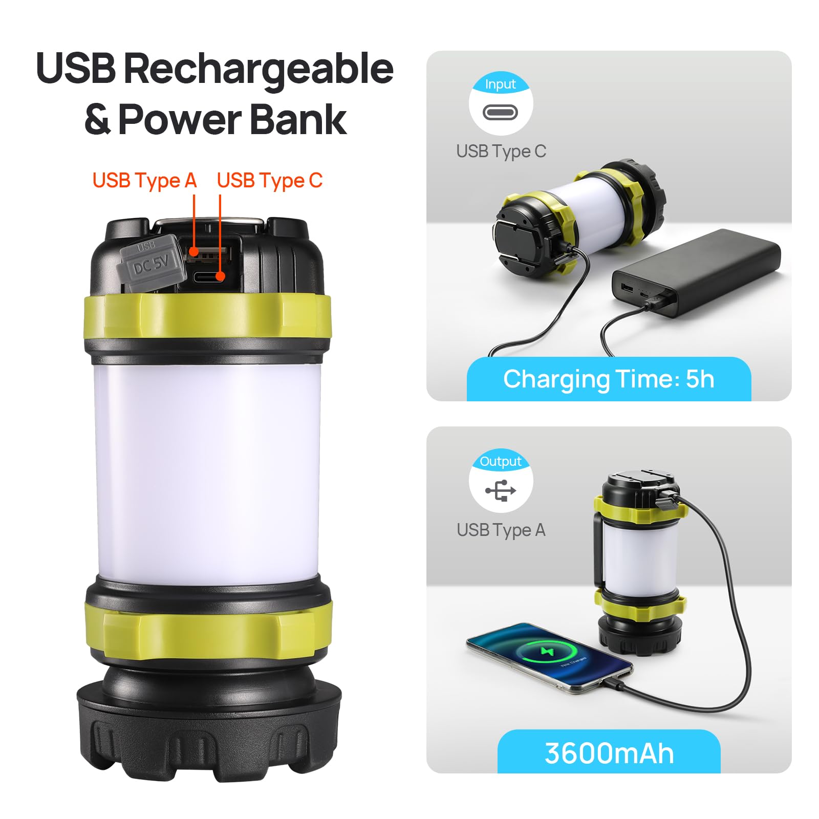 2 Pack Led Camping Lantern Flashlight Rechargeable, Consciot Portable Torch With 6 Light Modes, 3600Mah Power Bank, Ipx4 Waterpr
