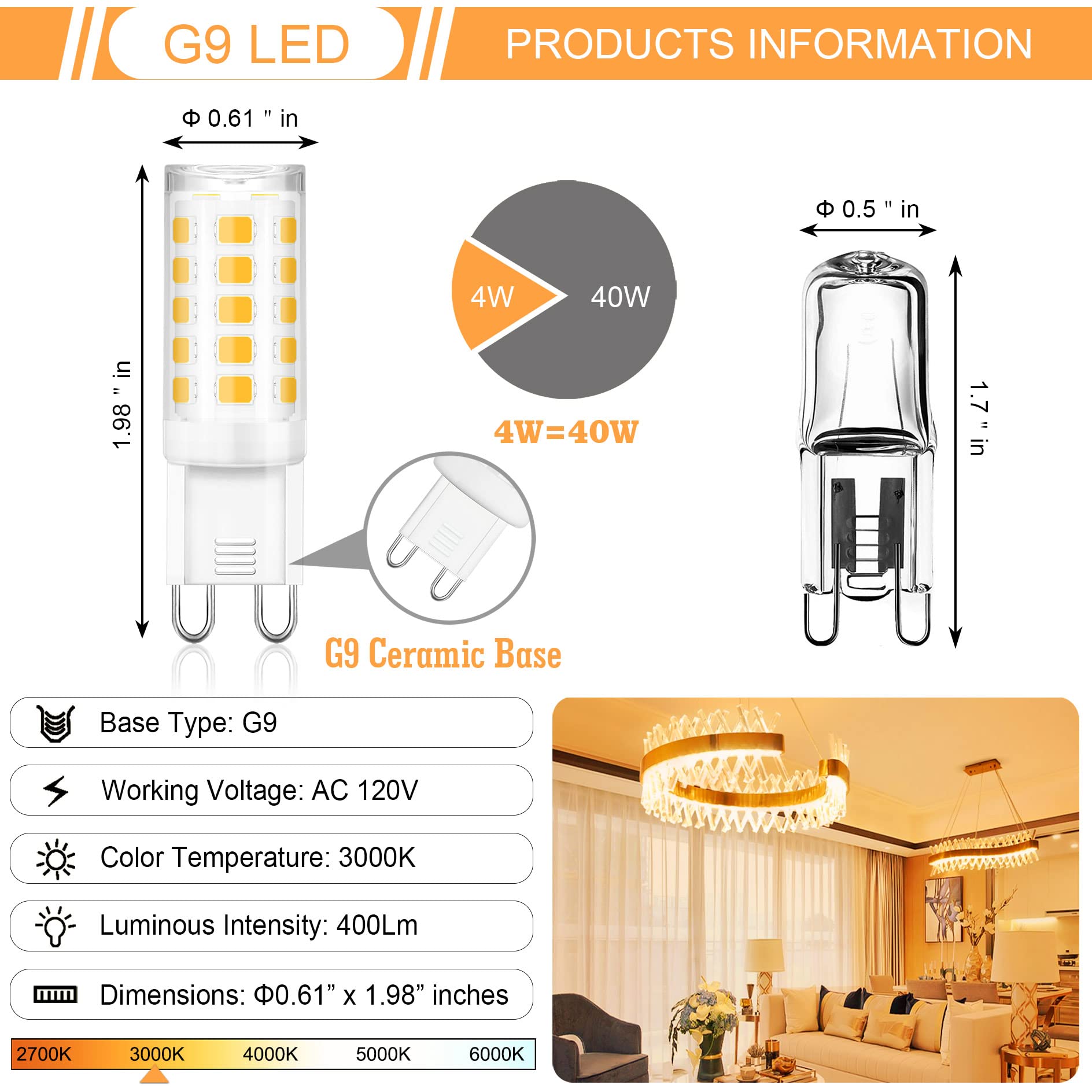 Winshine G9 Led Bulb 3000K Warm White, G9 Light Bulb 4W (40W Halogen Equivalent), G9 Bi Pin Ceramic Base 360°Beam Angle 400 Lumen For Chandelier Ceiling Pendant Lighting No-Dimmable, 6 Pack