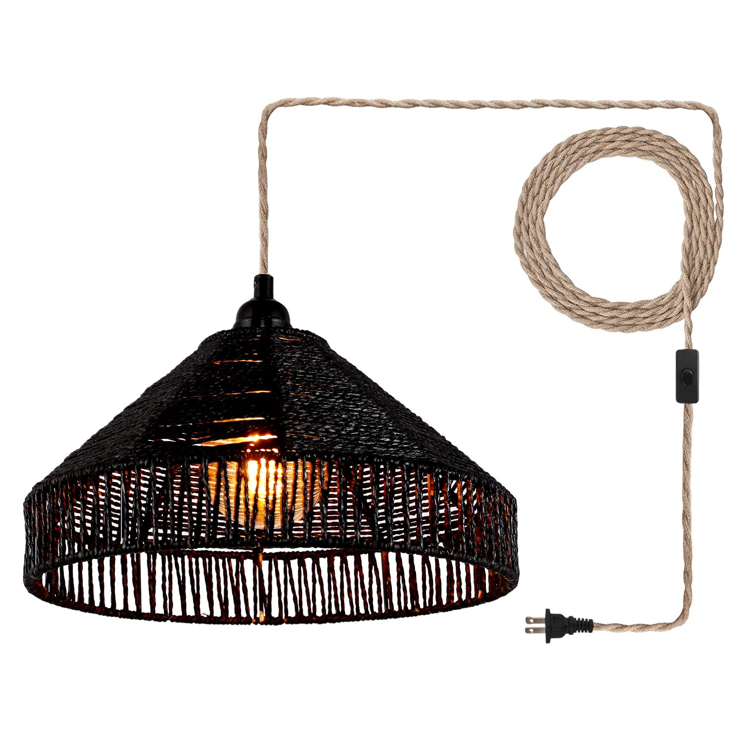 Plug In Pendant Light Rattan Hanging Lamp With On/Off Switch 15 Ft Hemp Rope Modern Woven Pendant Light Fixtures 12" Handwoven Rattan Basket Shade Boho