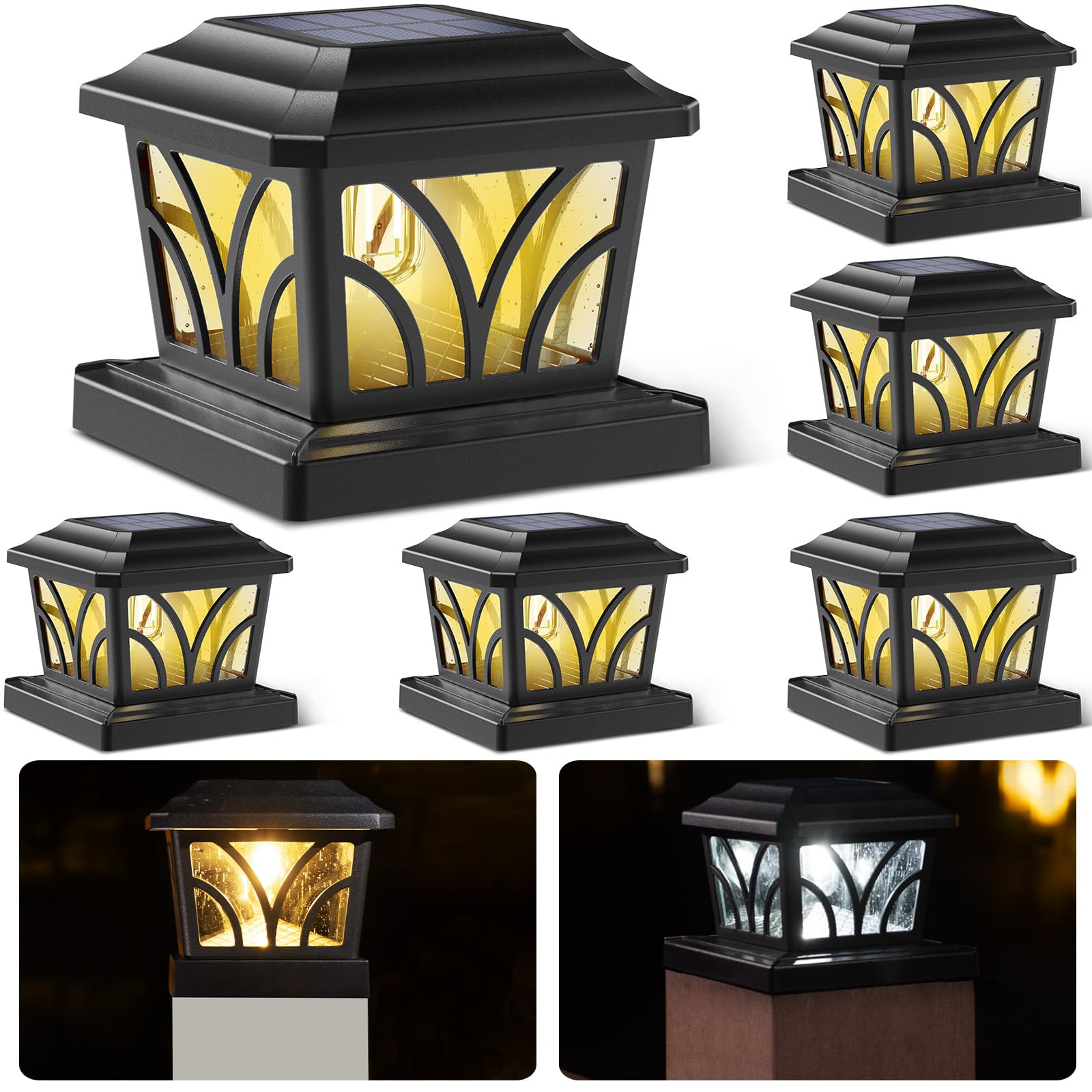 SIEDiNLAR Solar Post Cap Lights, Aluminum Glass, 2 Modes, 6 Pack, Black, Model SD026B-6PK