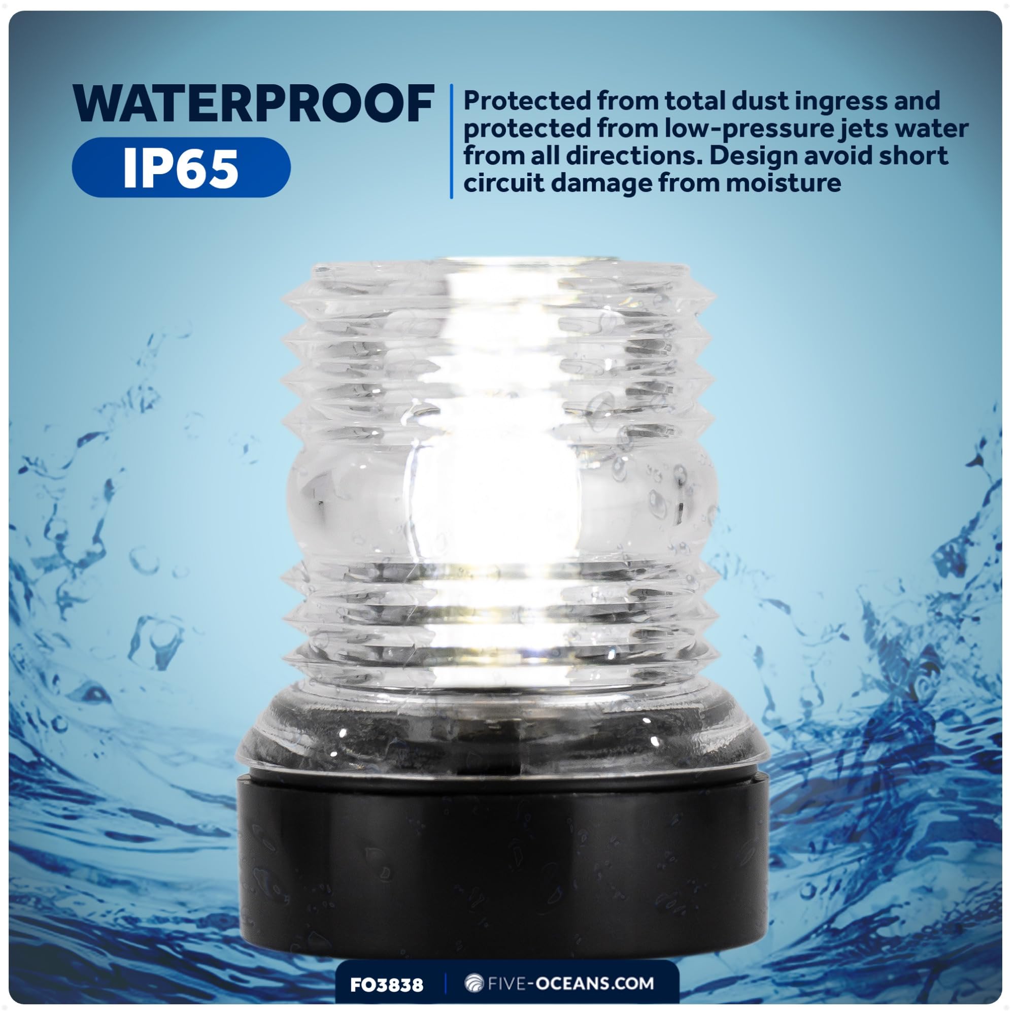 Five Oceans Anchor Light - 12V DC Stern Navigation Light, USCG Certified, 3-Inch Surface Mount, Fixed Color for Boats
