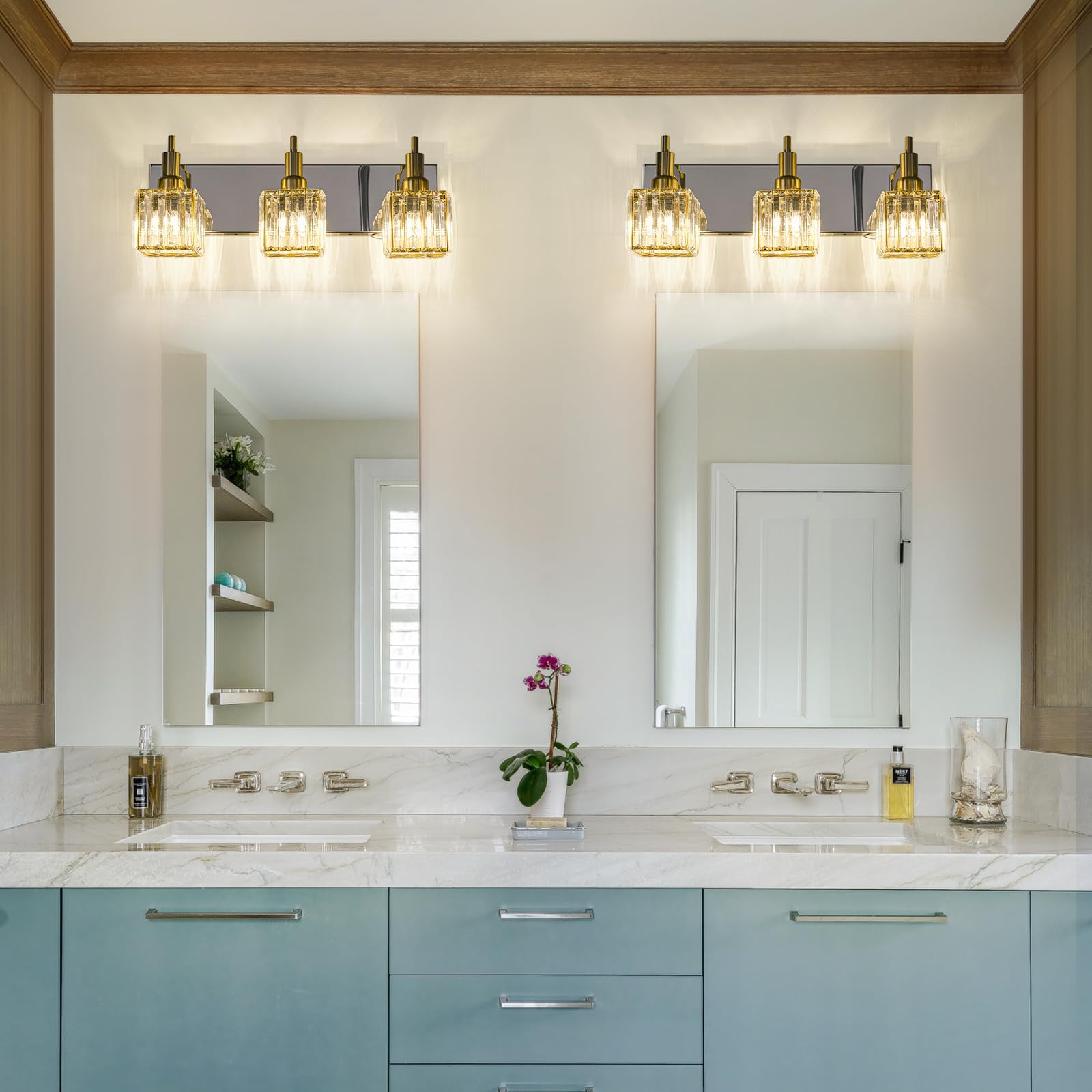 HUOKU Crystal Bathroom Vanity Light 3-Light Metal Wall Sconce Gold Chrome Model HUOKU-CB3L-GC