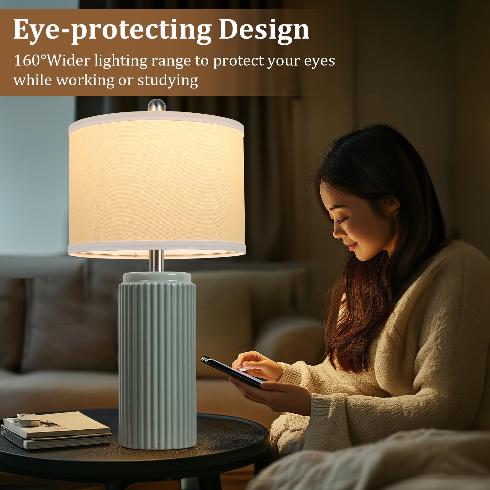 Tobusa 23.5 Modern Green Ceramic Table Lamps Set Of 2 For Living Room, Farmhouse Ceramic Bedside Nightstand Lamps For Bedroom, V