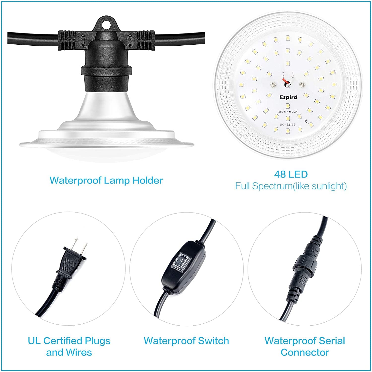 Espird LED Grow Light String with Timer - 12 Waterproof Full Spectrum Lamps for Greenhouse, Veg & Flower Growth, Black & Silver