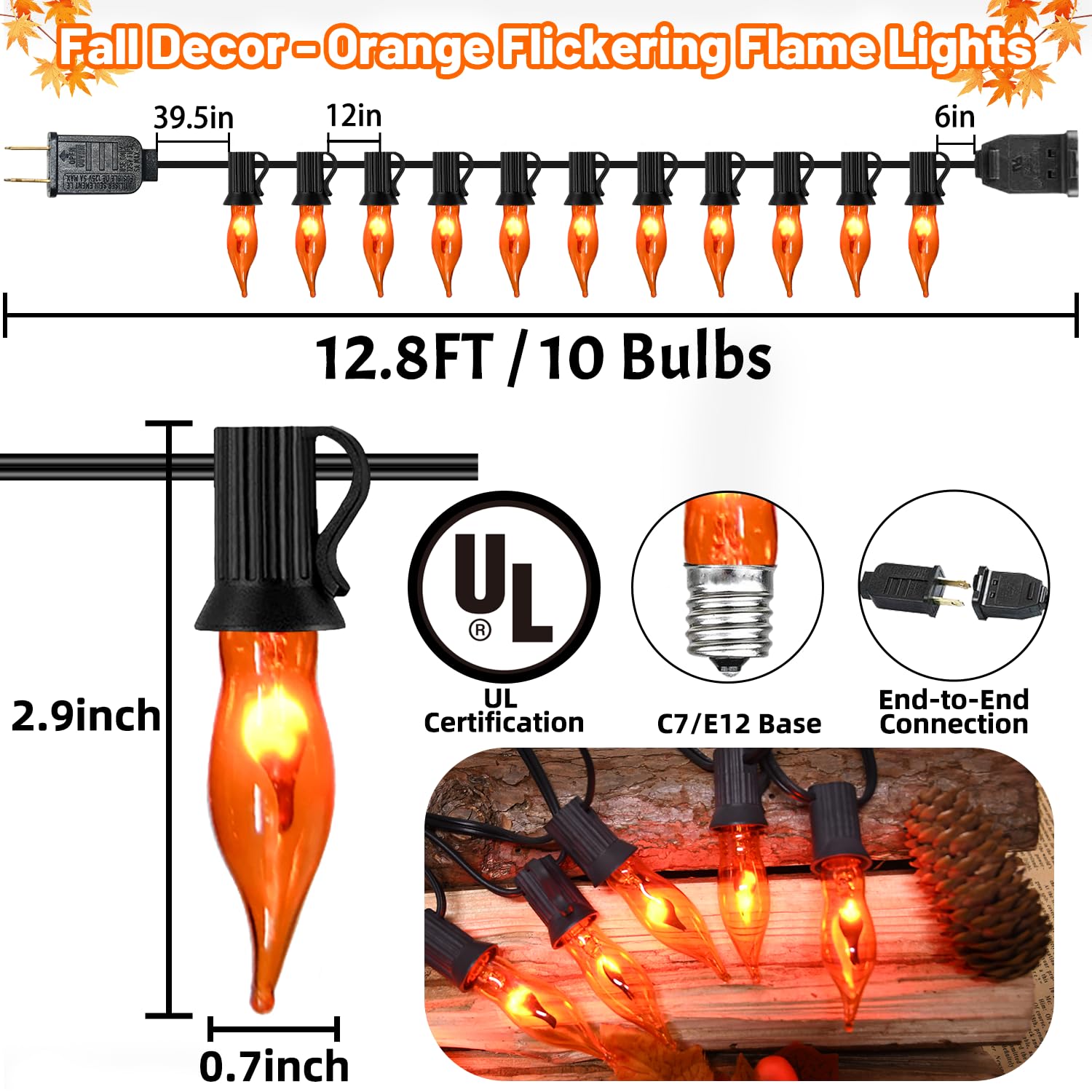 SOTOPOO Fall Decor String Lights - 12.8FT Orange Flickering Flame Effect, 12 Pack C18 Glass Bulbs, Model ULP(7)-LR(10)(1W