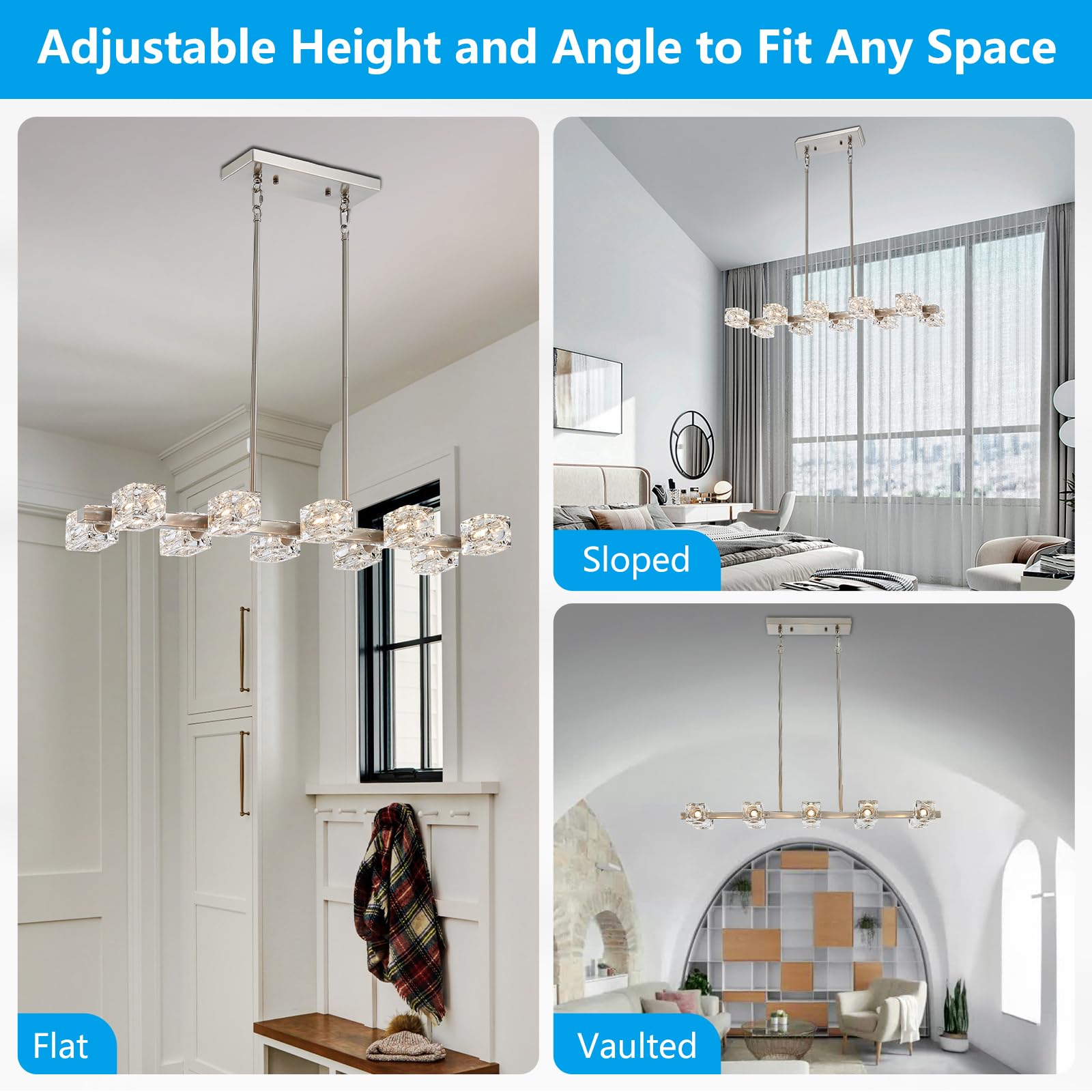 Xingqi Rectangular Chandeliers For Dining Room, Modern 10 Lights Brushed Nickel Kitchen Island Light Fixture With Glass Lampshad